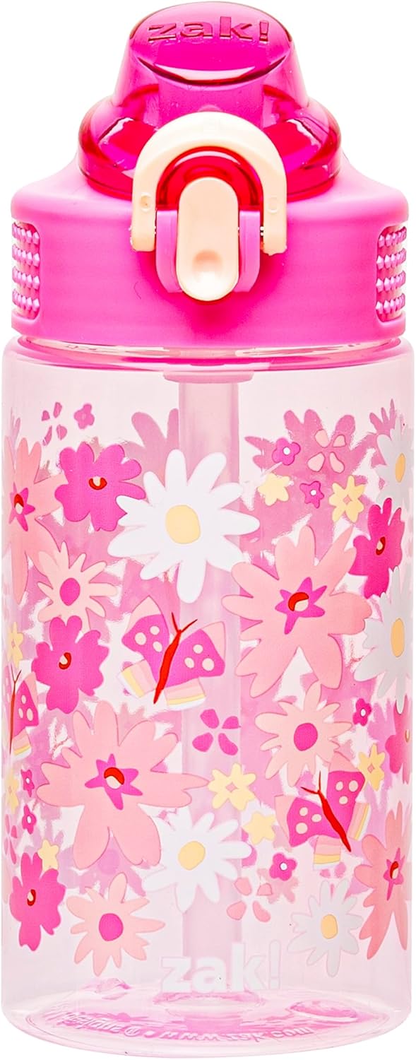 Water Bottle For School or Travel, 16oz Durable Plastic Water Bottle With Straw, Handle, and Leak-Proof, Pop-Up Spout Cover (Flower Power)