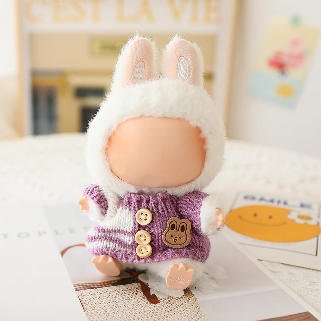 Clothes for LABUBU Doll (NO Doll), Handcrafted Crochet 3-Piece Accessories for LABUBU 17cm Dolls, Premium Outfit - Bunny Sweater + Hat + Bag, Cute Clothes for Dress up Unique Style (Purple)