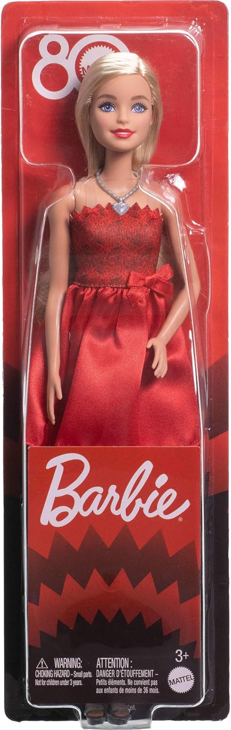 Mattel 80th Anniversary Ruby-Red Celebration Blonde Fashion Doll Wearing Red Dress with Silvery Shoes & Necklace, Collectible Toy