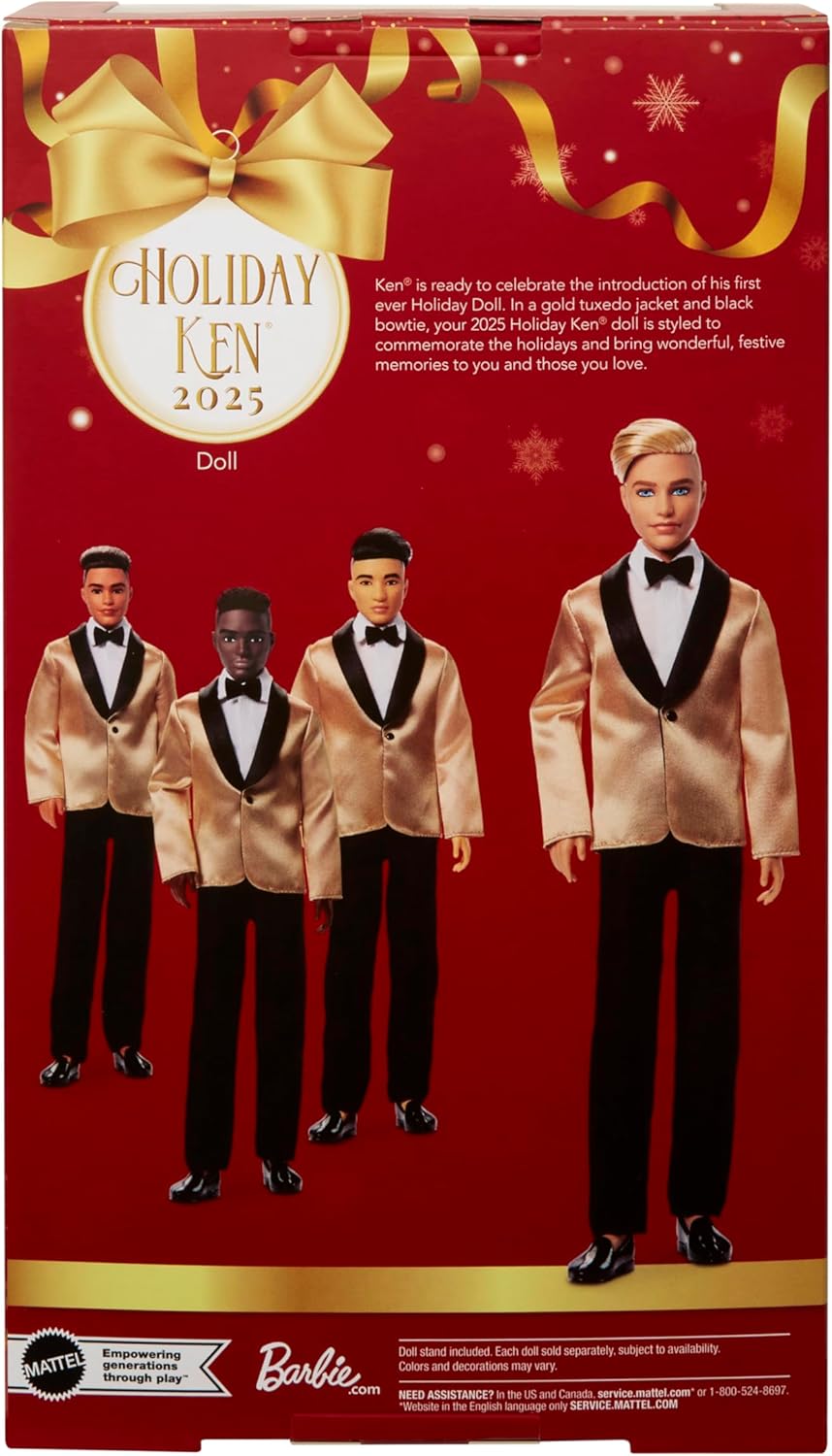 ignature 2025 Holiday Blonde Ken Collectible Fashion Doll Wearing Full Suit with Golden Jacket in Displayable Packaging & Doll Stand