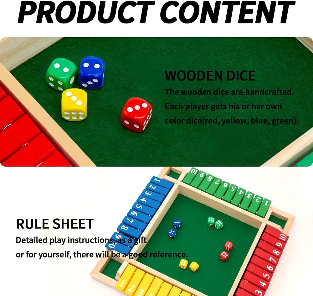 Shut The Box Dice Game,2-4 Player Family Wooden Board Table Math Games for Adults and Kids, 8 Dices Classics Games for Classroom,Home,Party or Pub
