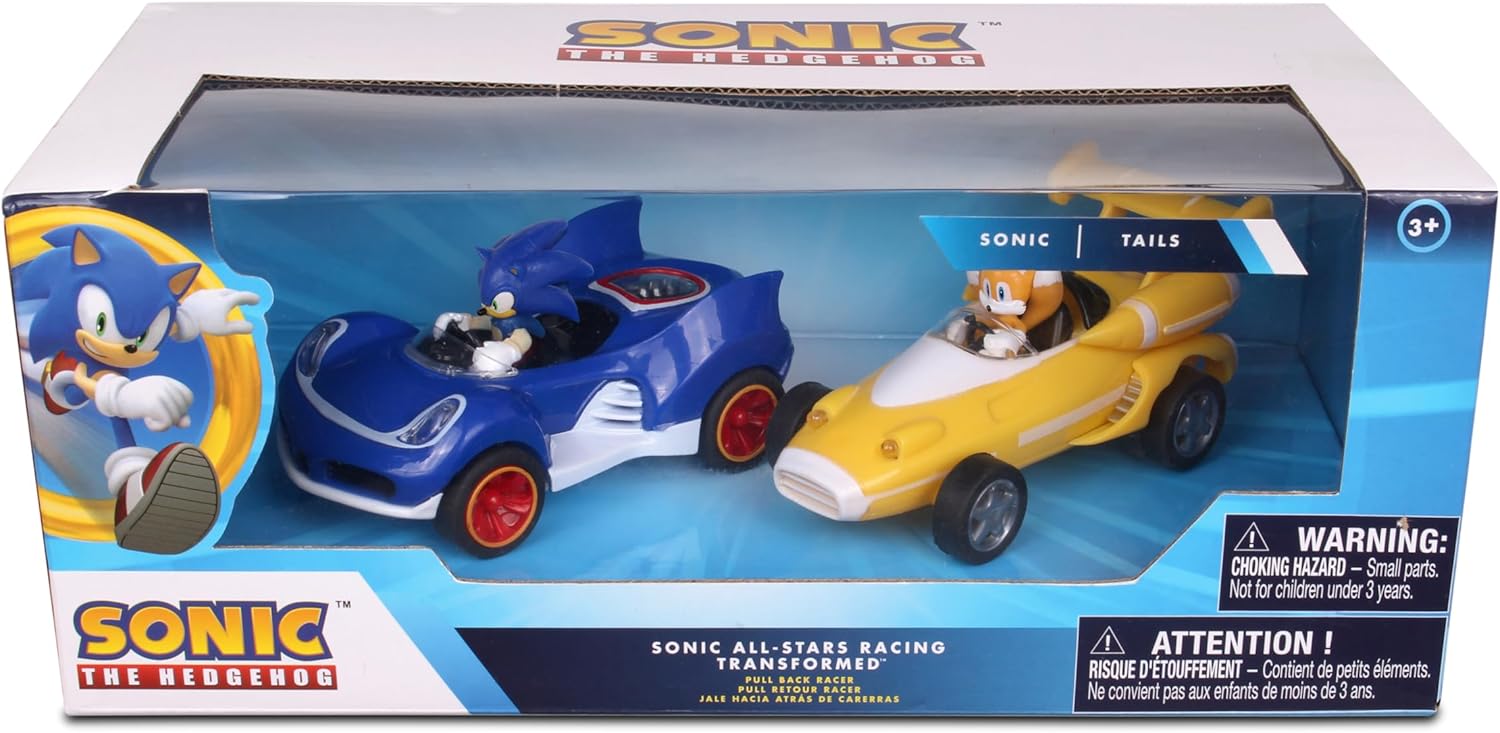 Transformed All-Stars Racing 2 Pack Pull Back Action: Tails and Sonic Hedgehog, Two Vehicles, Video Game Legends, No Batteries Required, Pull Back – Release - and Watch it go