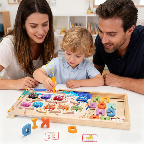 4 IN 1 Magnetic Color and Number Maze Toys Box with Alphabet Puzzles Drawing Board, Wooden Storage Montessori Toy for 3-5 Year Old, Toddlers Educational Learning Toy Gifts for Kids Boys Girls