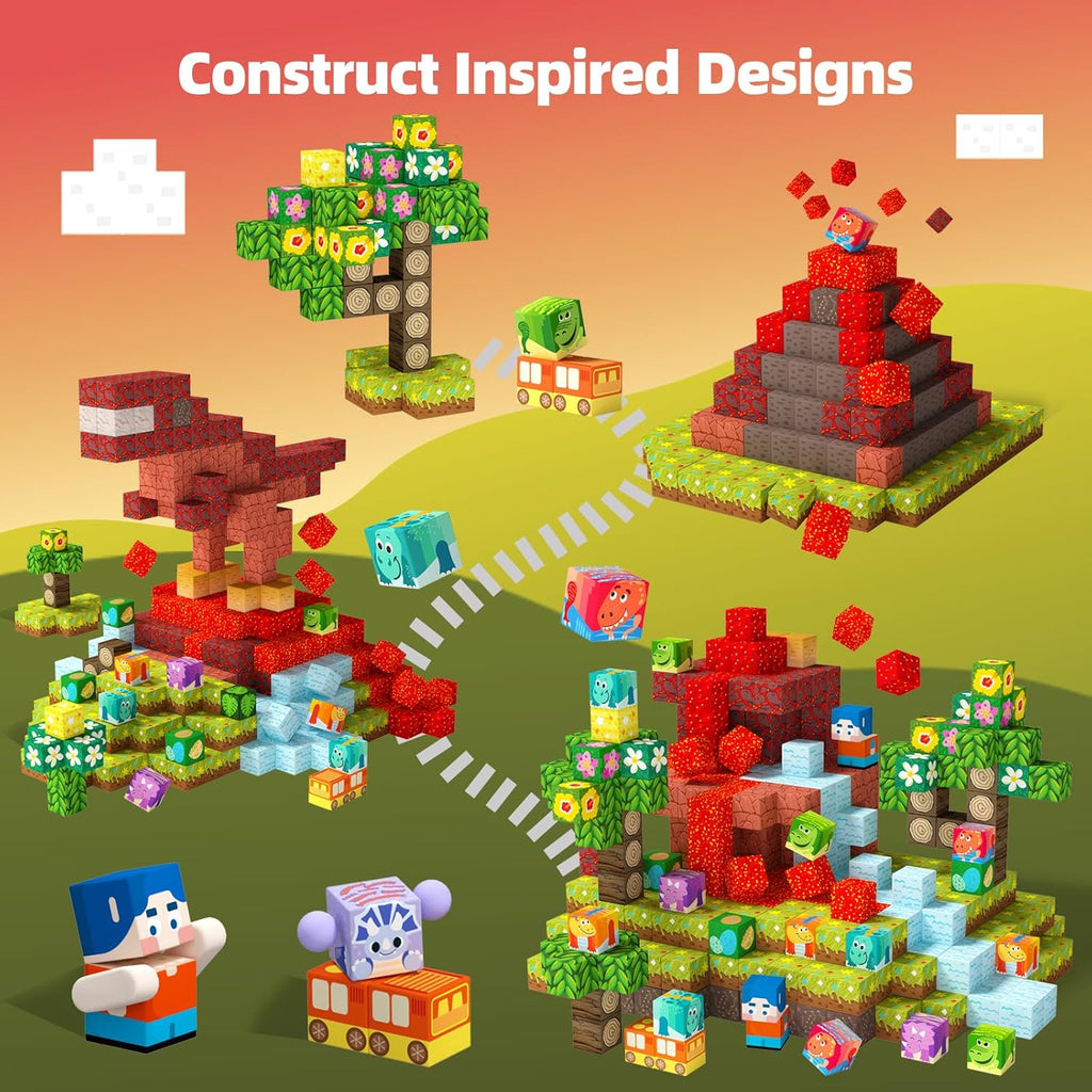 126PCS Magnetic Blocks Playset, Build Dinosaur MagWonder with Building Pretend Play Toys, STEM Montessori Travel Gift for Kids