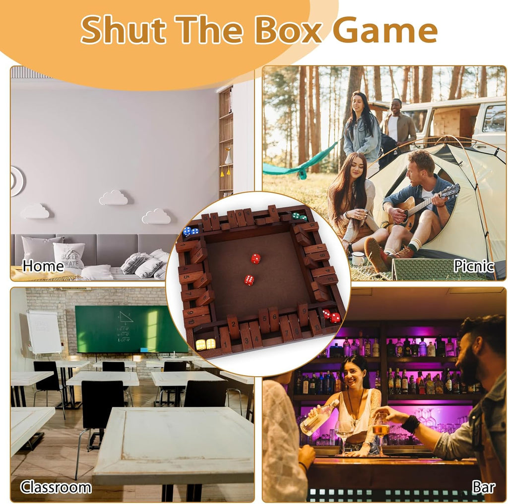 Shut The Box Game Wooden, 12 inch Close Shut The Box Game for 2-4 Player Adults, Math Sequence Dice Plunder Board Games with 8 Dice, 4-Sided 10 Number Table Games for Family Classroom Home Party Pub