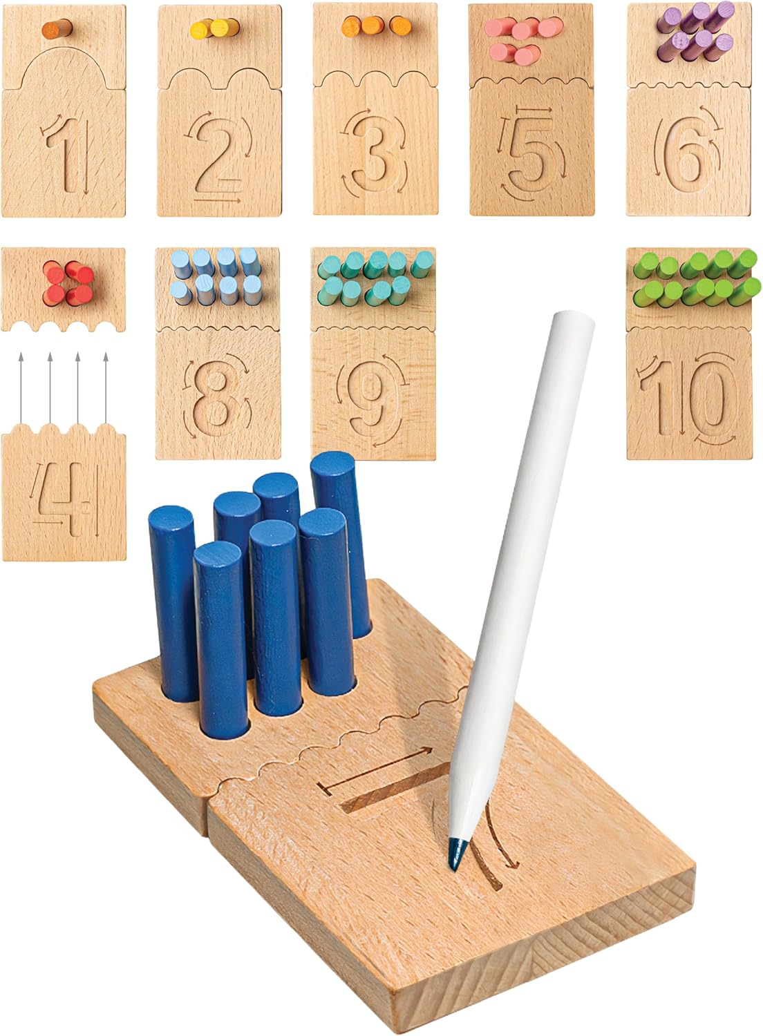 Counting Peg Boards and Number Tracing for Kids - Wooden Montessori Arithmetic Math Toy Set for Toddlers and Preschoolers - Math Manipulatives for Kindergarten (55 Pegs, 10 Boards, 1 Pencil)