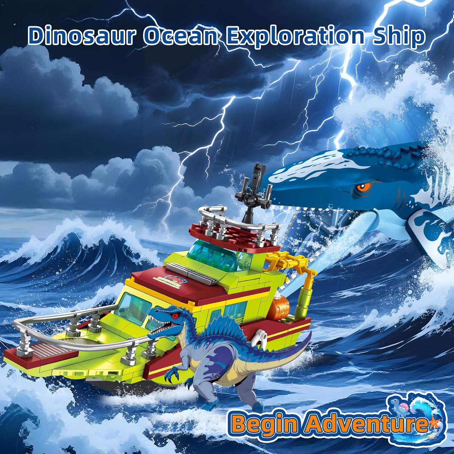 Explorer Dinosaur Building Set Compatible with Dinosaur Park World, City Boat Ship & Mosasaurus Spinosaurus Dino Toys with Poseable Joints, Toys for Kids Boys Age 6-12
