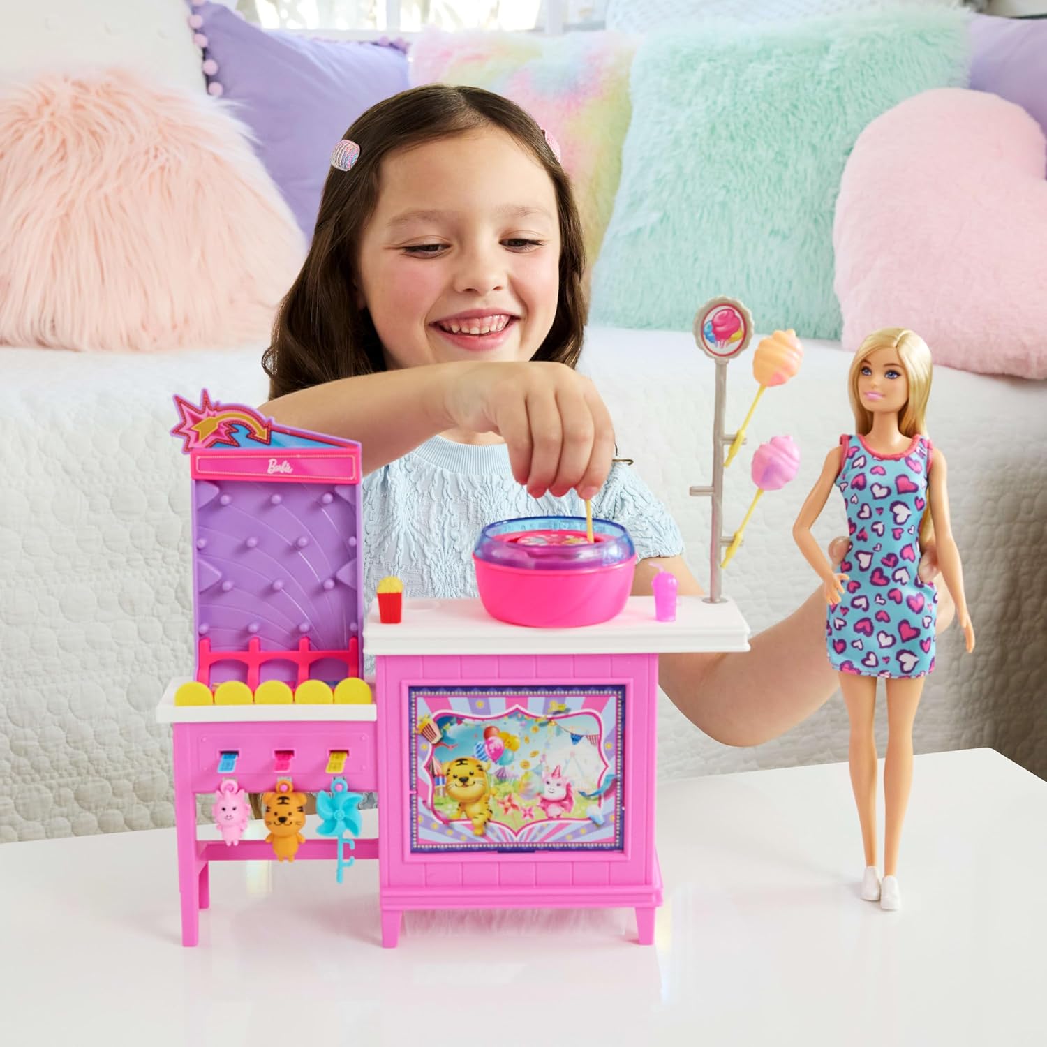 Beach Detectives Malibu” Doll & Cotton Candy Game Booth Playset with 20 Accessories Including Prizes