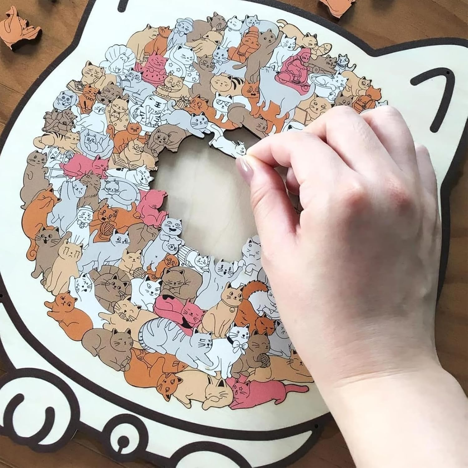 Colored Cat Shaped Wooden Jigsaw Puzzle for Adults, Cute Animal Cats Decorative with Adorable Cats Outlines Framed and Acrylic Cover, Creative Puzzle Gifts for Cat Lovers Home Decor