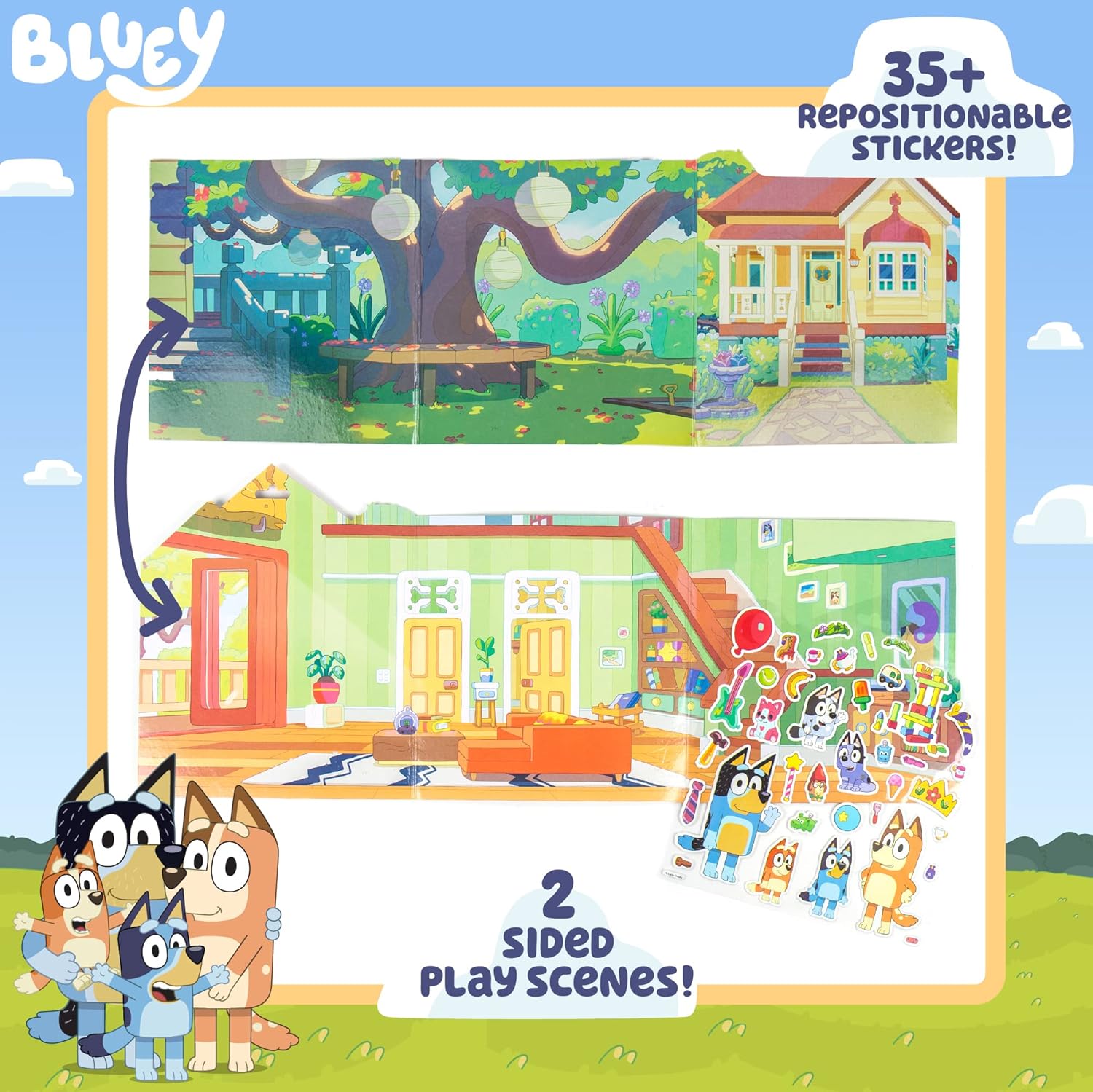 Bluey Sticker Playset, 2 Sticker Play Scenes, 35+ Reusable Puffy Bluey Repositionable Stickers for Kids, Perfect for Travel, Screen-Free Fun