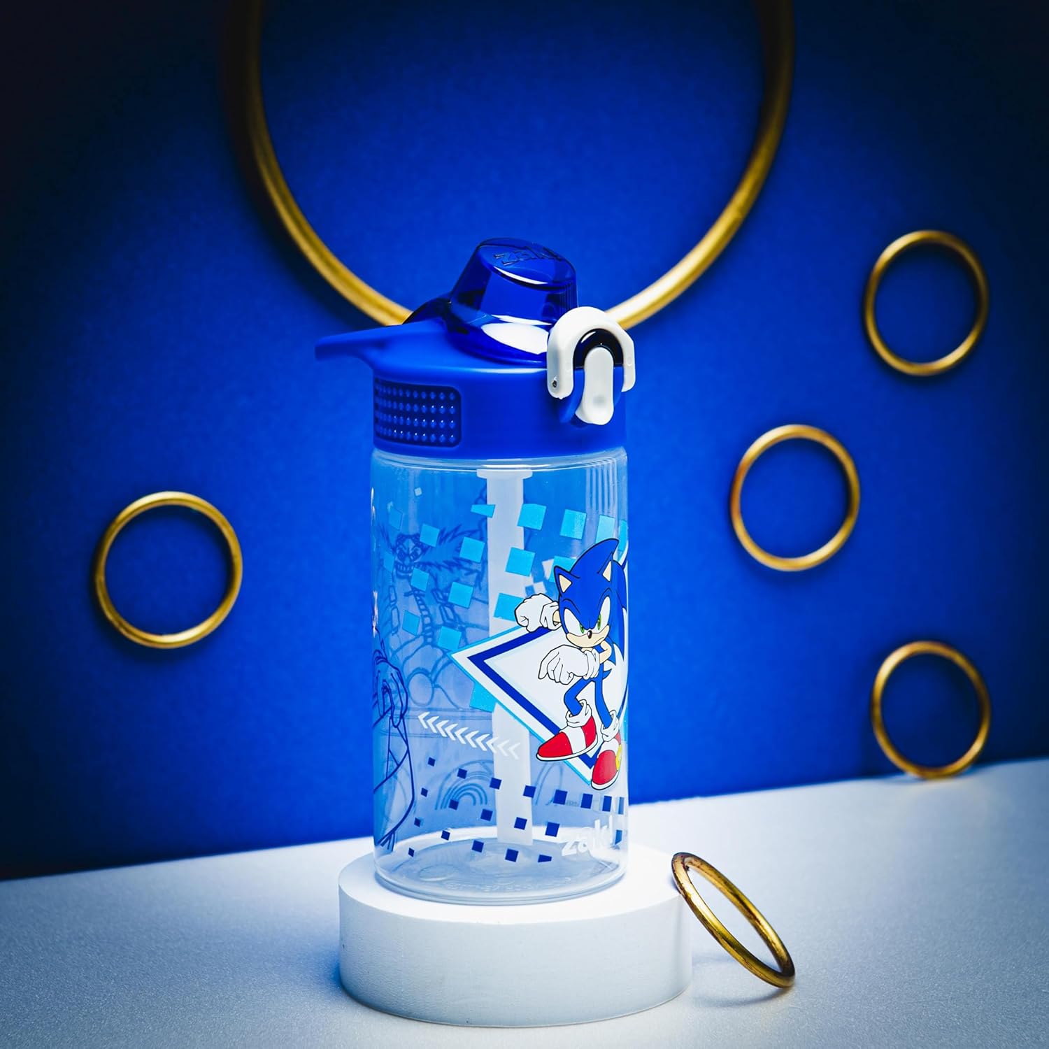 Sonic the Hedgehog Sage Water Bottle For School or Travel, 16oz Durable Plastic Water Bottle With Straw, Handle, and Leak-Proof, Pop-Up Spout Cover (Sonic, Eggman)