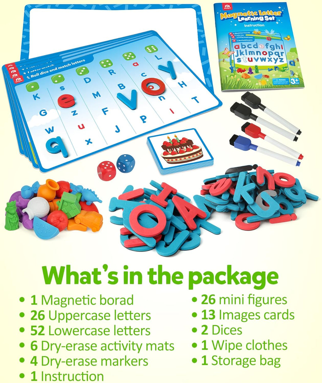 Preschool Alphabet Learning Activities, Magnetic EVA Letters Matching & Handwriting Game, Educational ABC Recognition with 6 Pattern Cards, Phonic Manipulatives Toys for Kids Age 3+