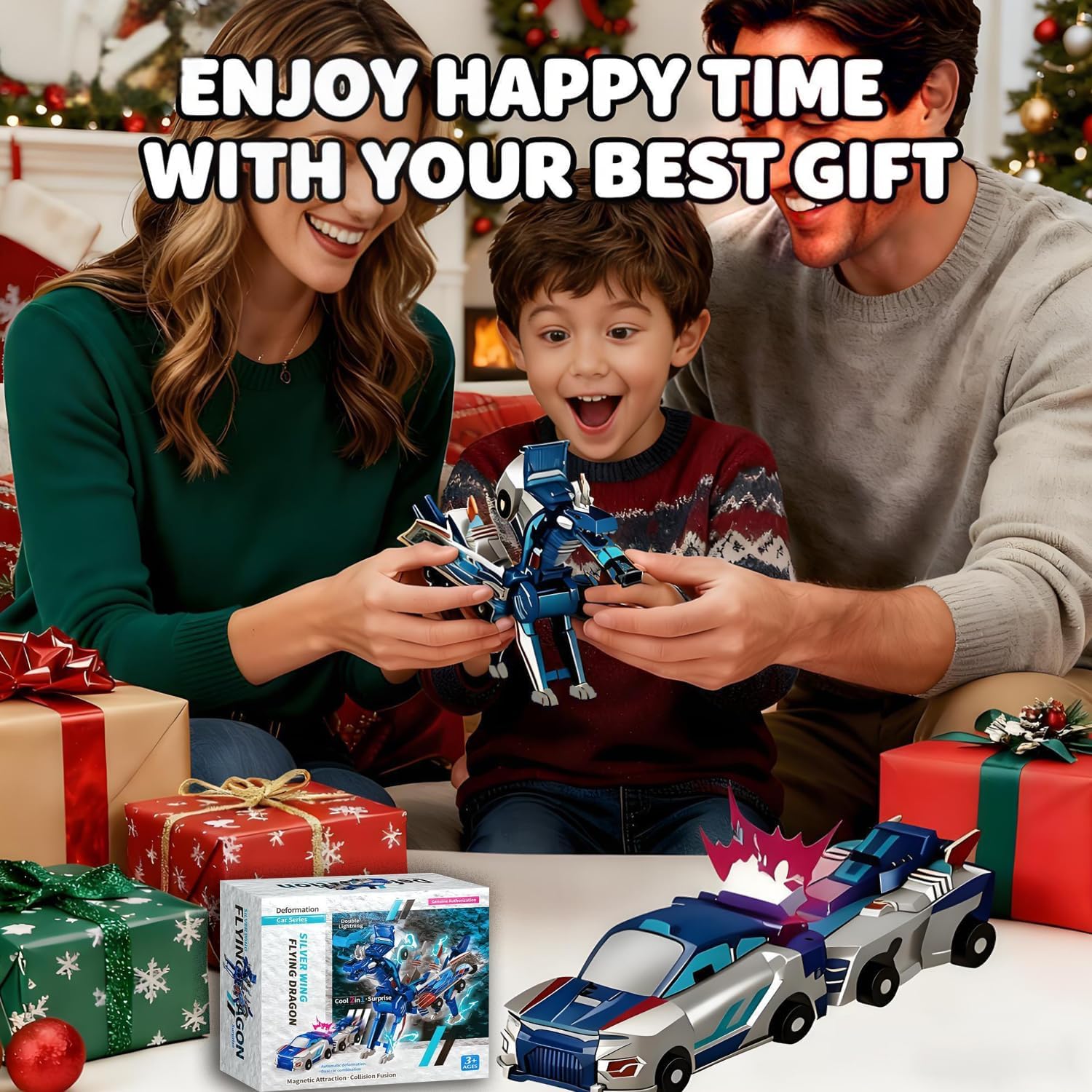 Magnetic Dinosaur Car Toy - 2 in 1 Crash & Transform Vehicle to Dino, No Battery Needed for Kids Age 3-12, Birthday Gift(Golden Dragon)