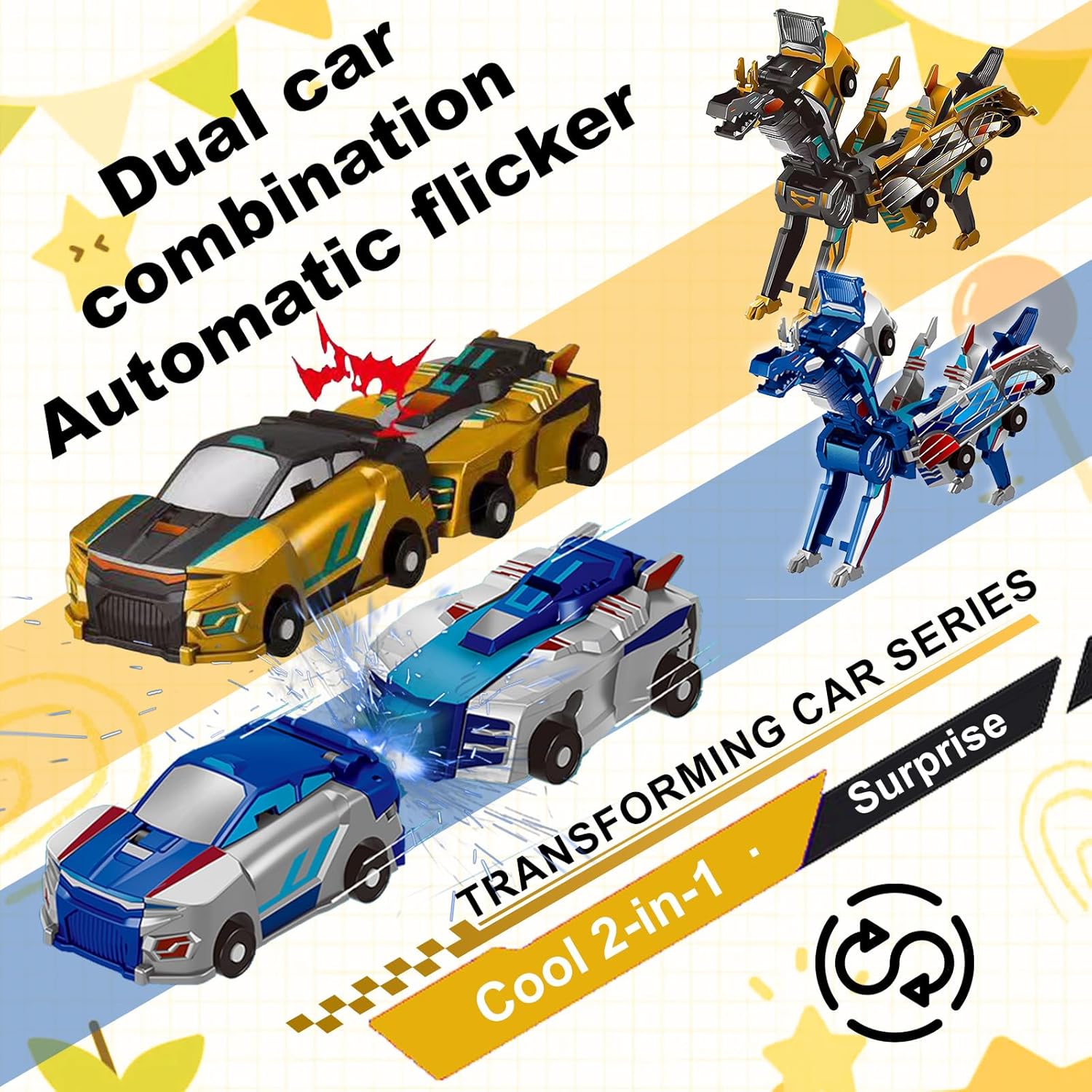 Magnetic Dinosaur Car Toy - 2 in 1 Crash & Transform Vehicle to Dino, No Battery Needed for Kids Age 3-12, Birthday Gift (Gold Blue)
