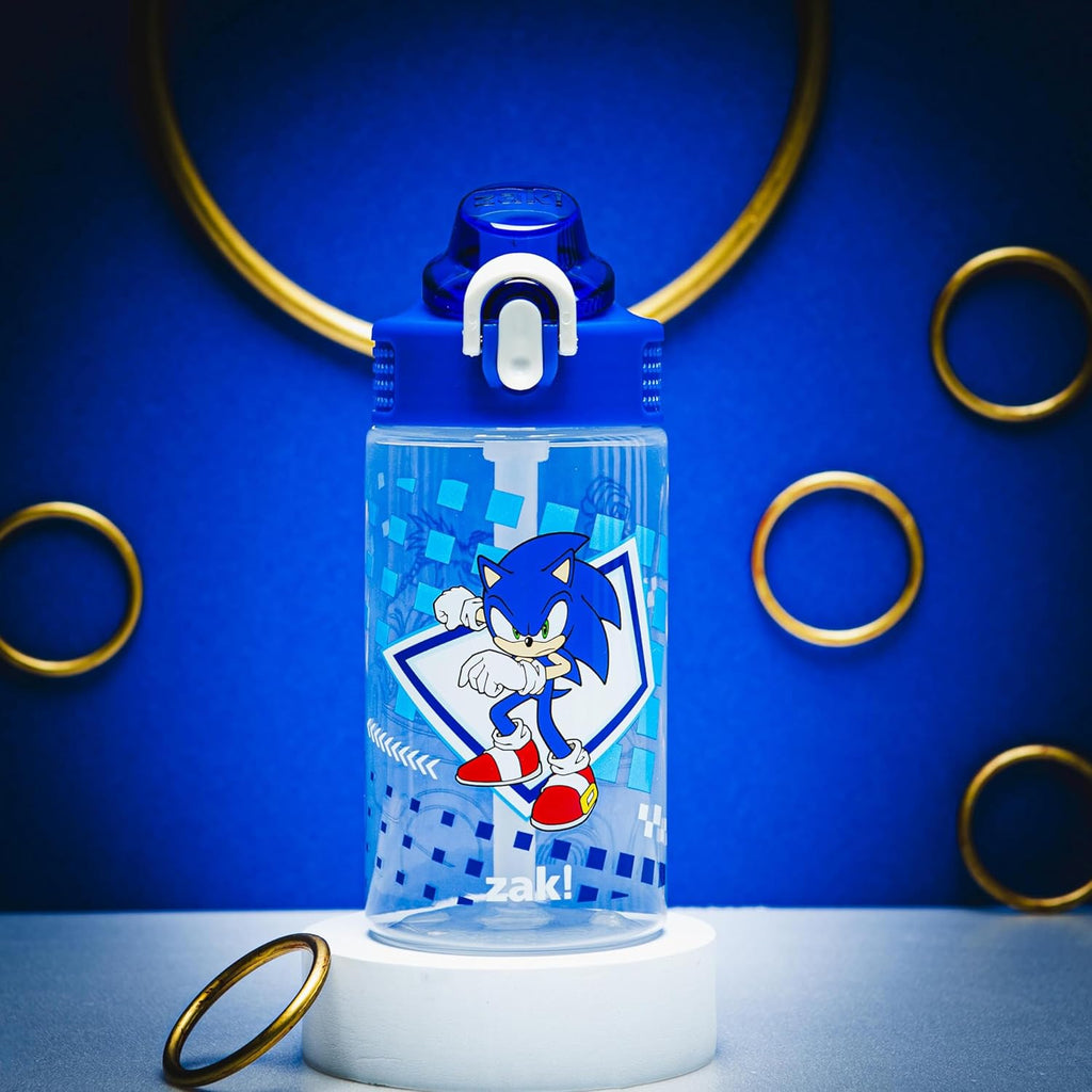 Sonic the Hedgehog Sage Water Bottle For School or Travel, 16oz Durable Plastic Water Bottle With Straw, Handle, and Leak-Proof, Pop-Up Spout Cover (Sonic, Eggman)