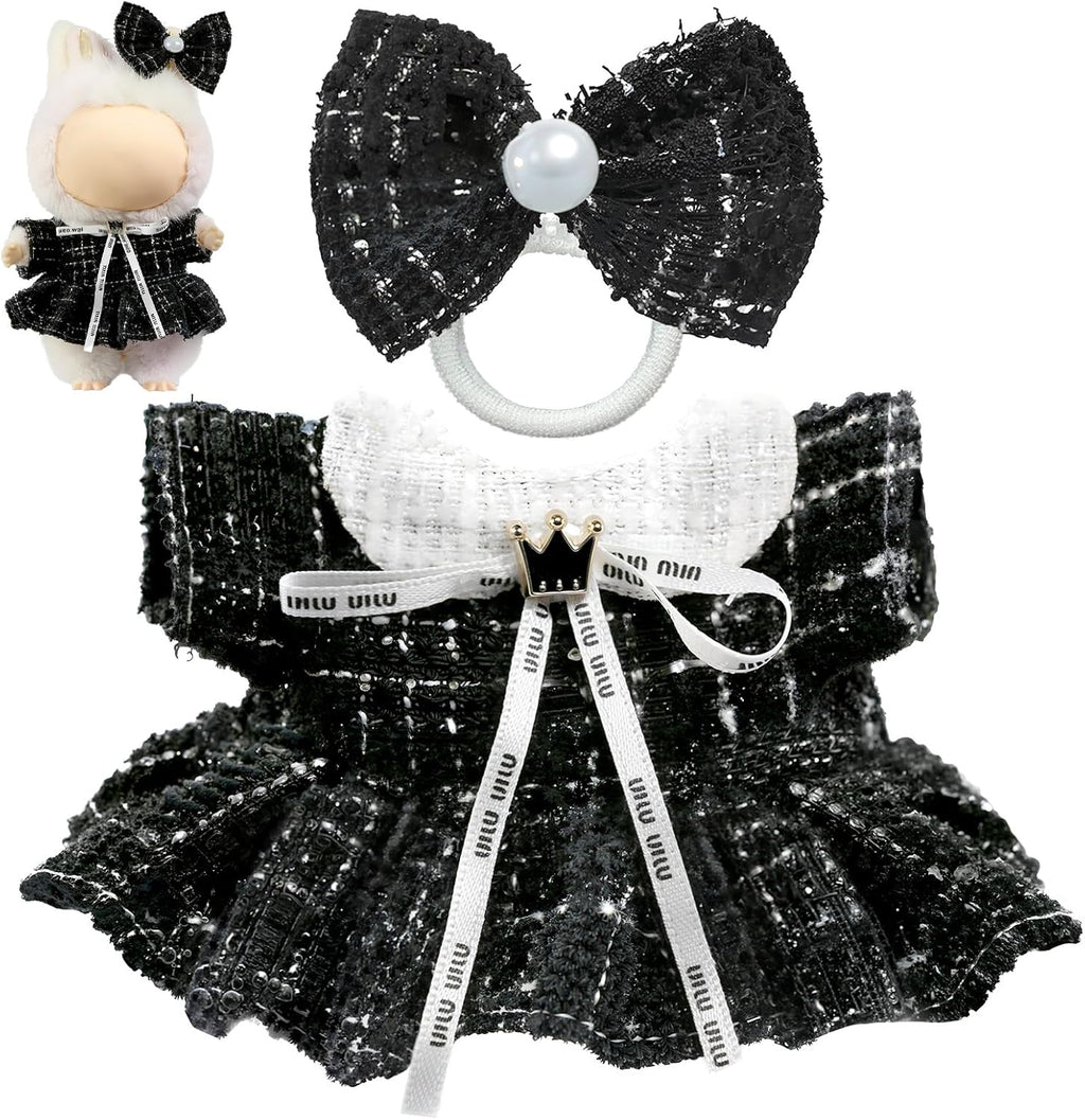 Clothes for LABUBU Doll (NO Doll), Luxury Chic Style 2-Piece Accessories for LABUBU 17cm Dolls, Premium Fashion Outfits for LABUBU - Bow Headdress + Plaid Tweed Dress (Black)