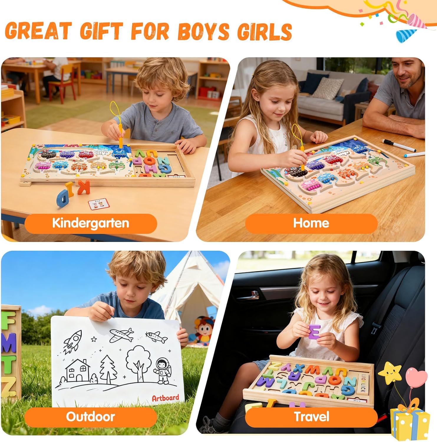 4 IN 1 Magnetic Color and Number Maze Toys Box with Alphabet Puzzles Drawing Board, Wooden Storage Montessori Toy for 3-5 Year Old, Toddlers Educational Learning Toy Gifts for Kids Boys Girls