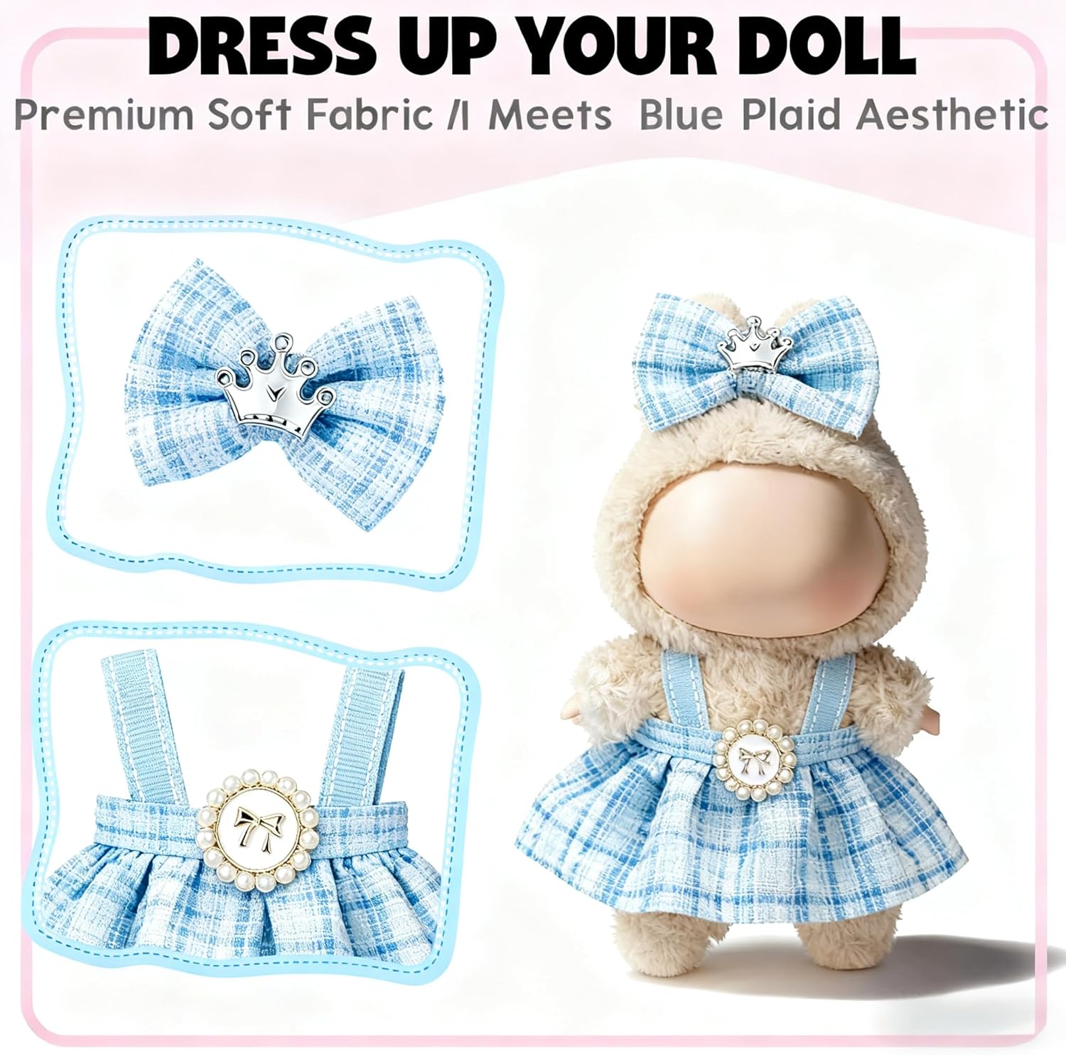 Clothes for LABUBU 17cm Doll (NO Doll), Outfit for LABUBU, Dress and Hairpin Set for LABUBU Dress Up, Fashion and Premium Dolls Accessories for LABUBU