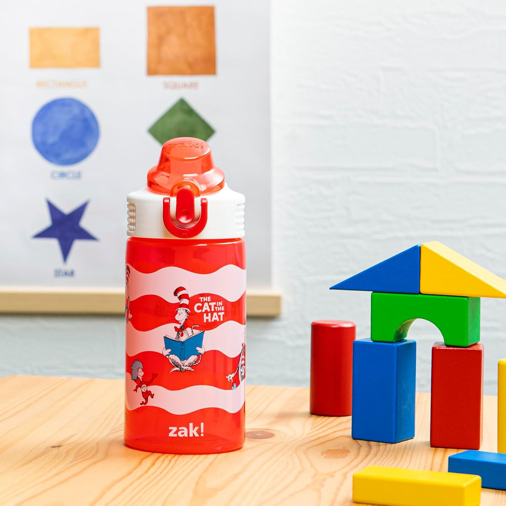 Dr. Seuss Sage Kids Water Bottle For School or Travel, 16oz Durable Plastic Water Bottle With Straw, Handle, and Leak-Proof, Pop-Up Spout Cover (The Cat in the Hat)