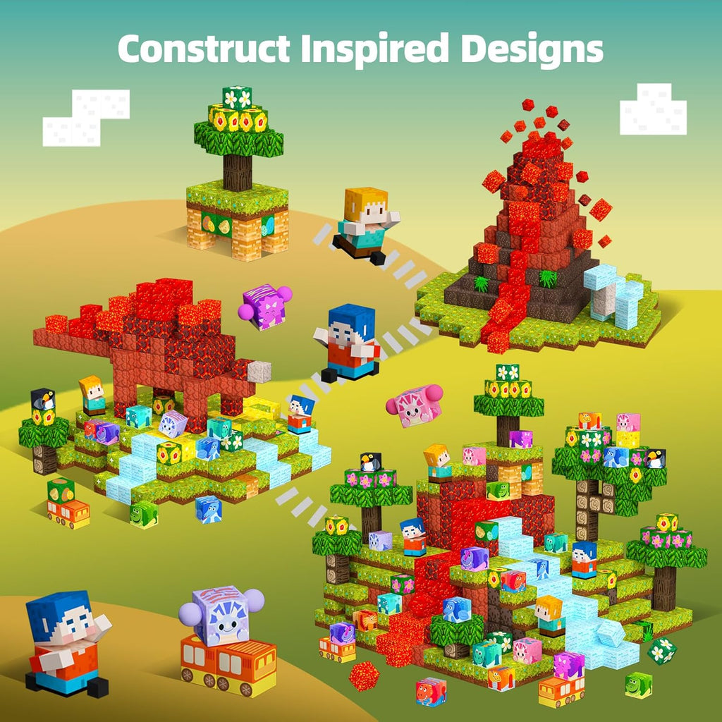 126PCS Magnetic Blocks Playset, Build Dinosaur MagWonder with Building Pretend Play Toys, STEM Montessori Travel Gift for Kids