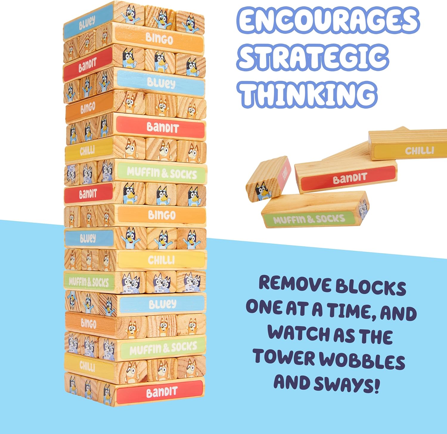 8th Wonder Stackable Tumbling Tower Game, Robust Wooden Stacking Game with 54 Illustrated Colored Blocks, Fun Balancing Toy for Kids Ages 3+