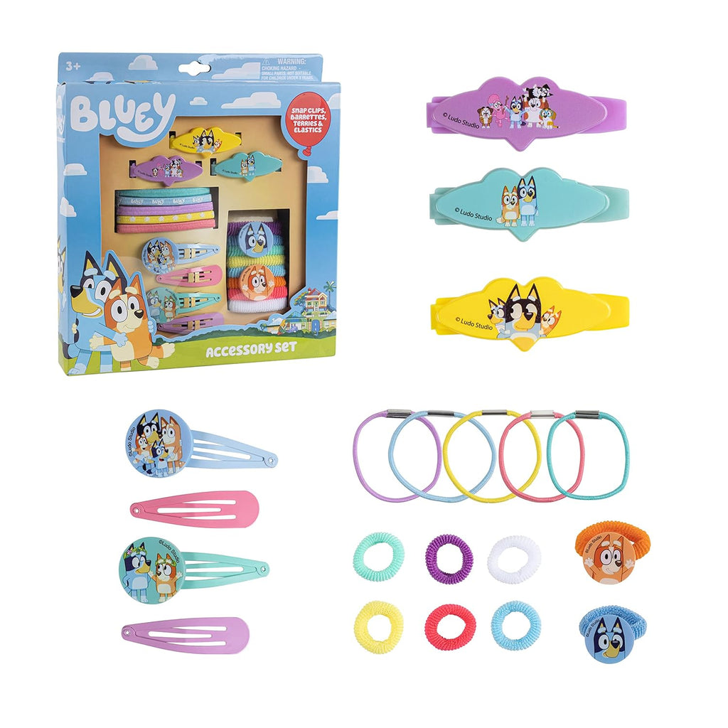 Her Bluey Girls 20 Piece Accessory Set with 3 Barrettes, 4 Snap Hair Clips, 5 Elastics and 8 Terry Ponies- Ages 3+