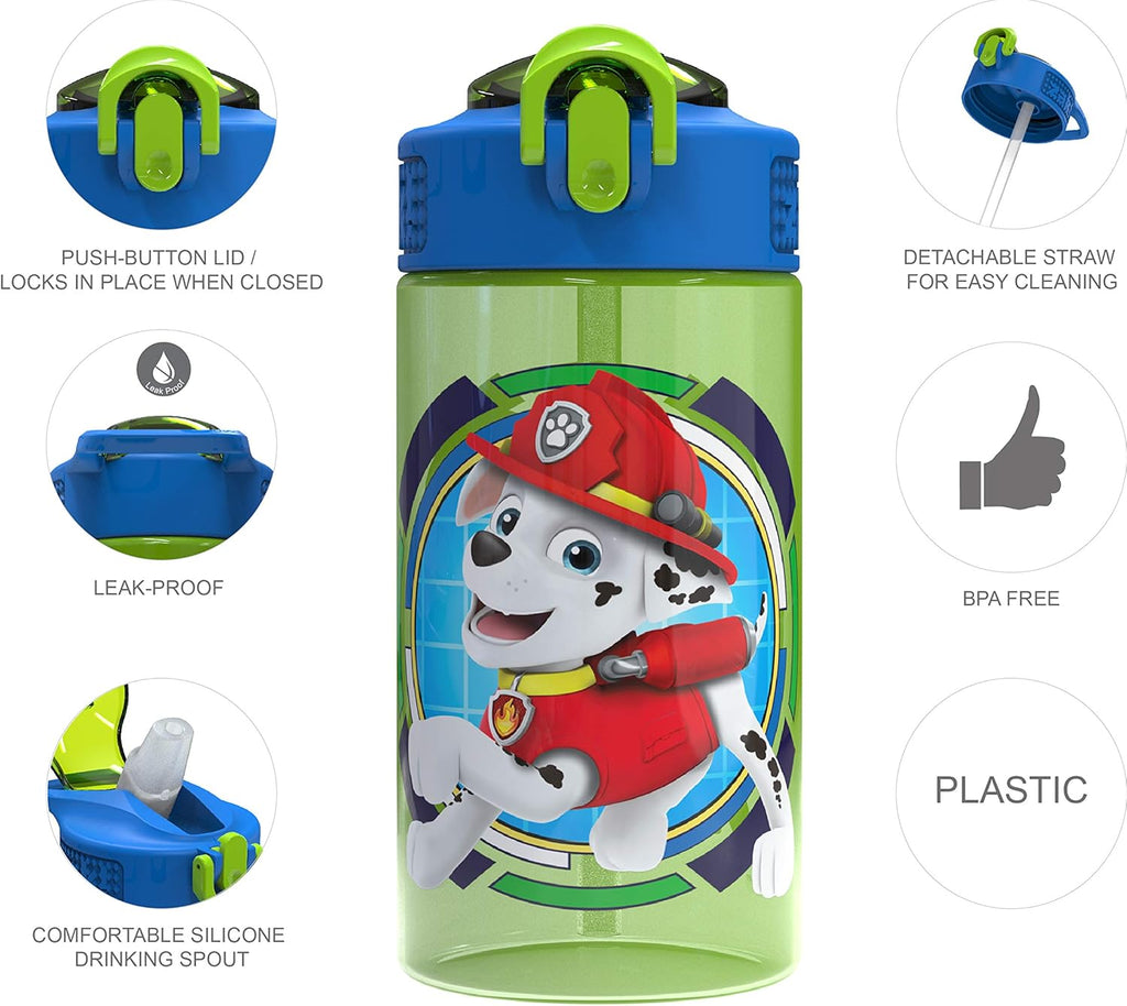 Designs Paw Patrol Kids Spout Cover and Built-in Carrying Loop Made of Plastic, Leak-Proof Water Bottle Design (Rocky, Rubble & Chase, 16 oz, BPA-Free)