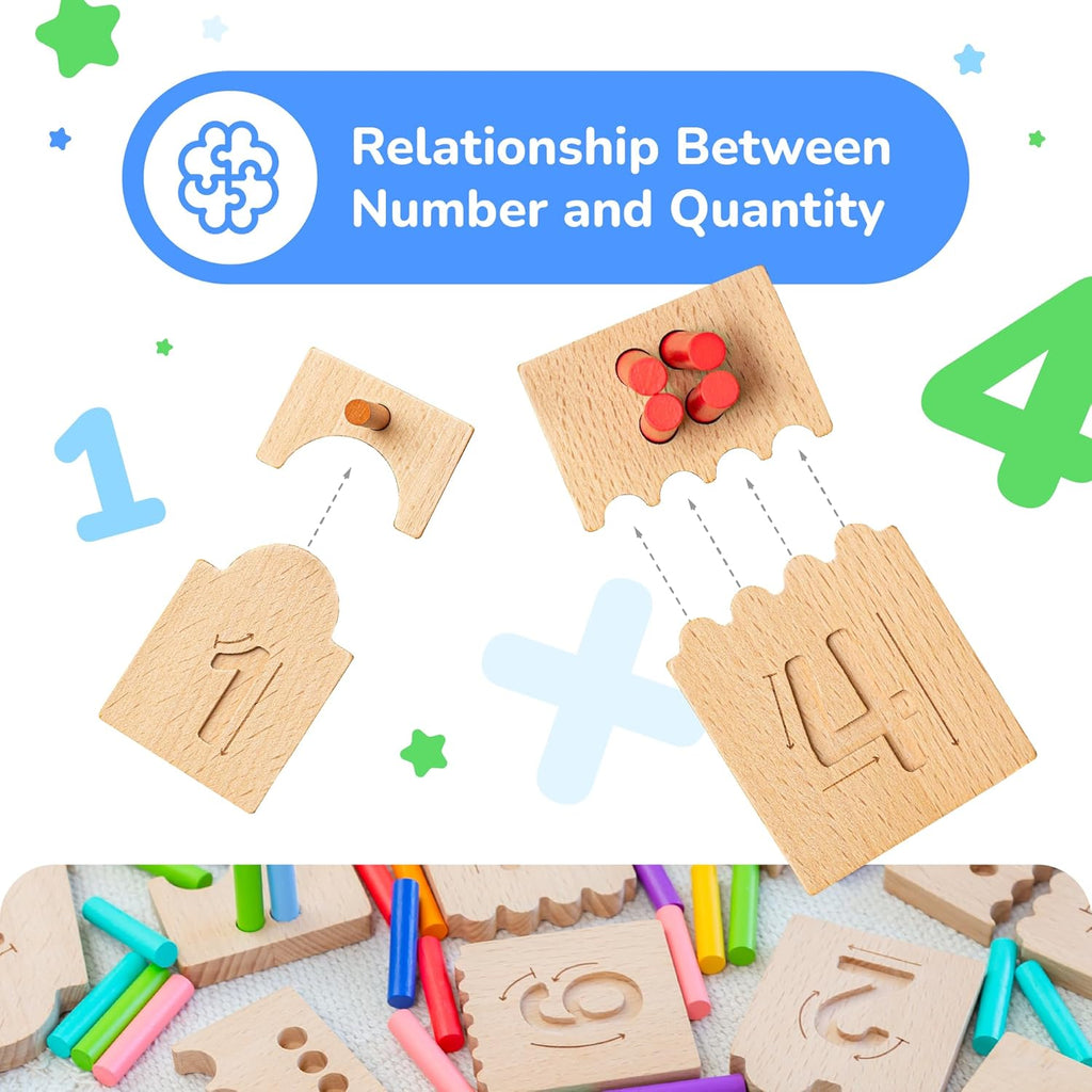 Counting Peg Boards and Number Tracing for Kids - Wooden Montessori Arithmetic Math Toy Set for Toddlers and Preschoolers - Math Manipulatives for Kindergarten (55 Pegs, 10 Boards, 1 Pencil)