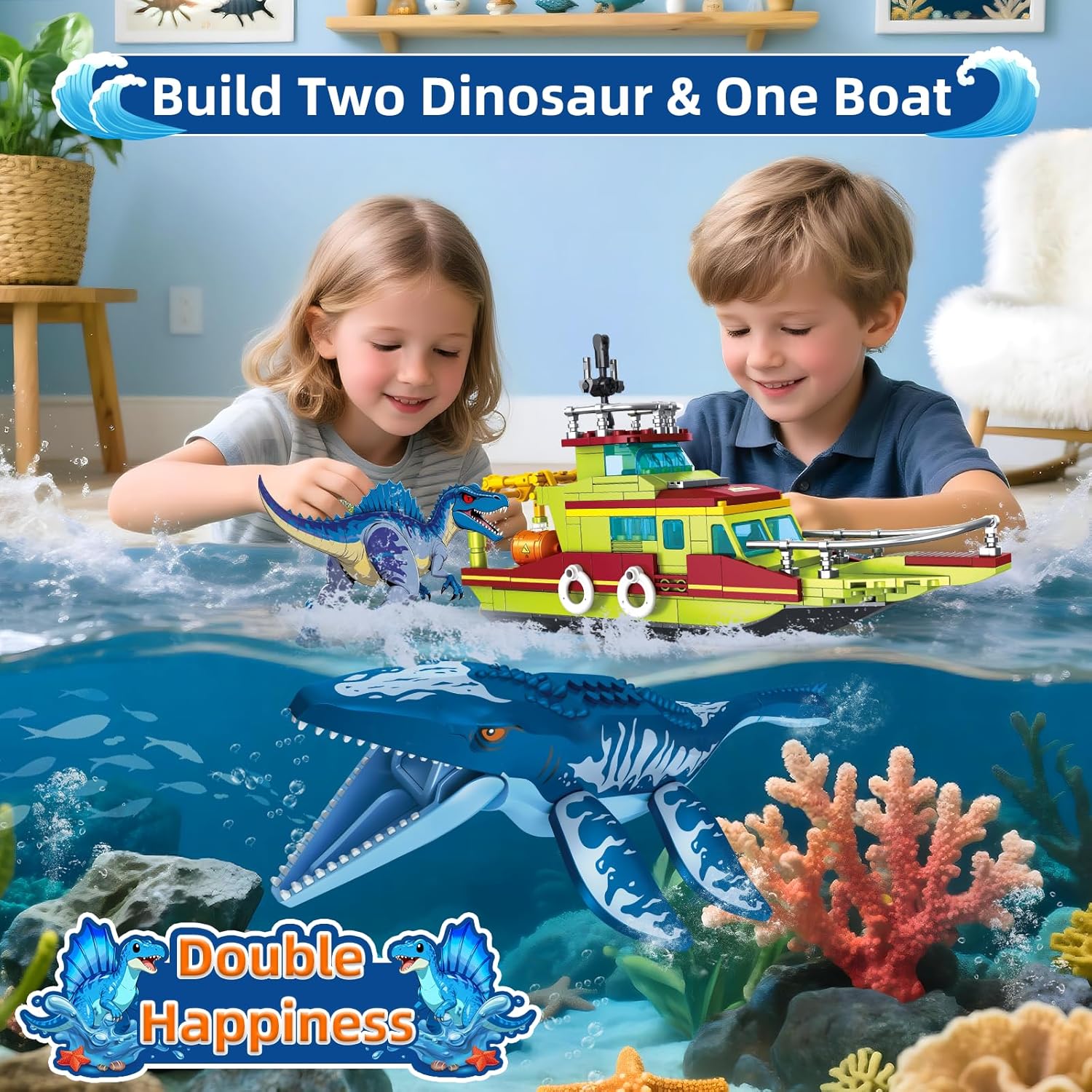 Explorer Dinosaur Building Set Compatible with Dinosaur Park World, City Boat Ship & Mosasaurus Spinosaurus Dino Toys with Poseable Joints, Toys for Kids Boys Age 6-12