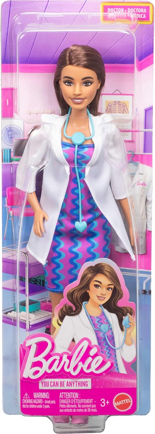 Careers Doctor Fashion Doll Wearing Removable Look with White Coat, Dress & Shoes, Plus Stethoscope Accessory