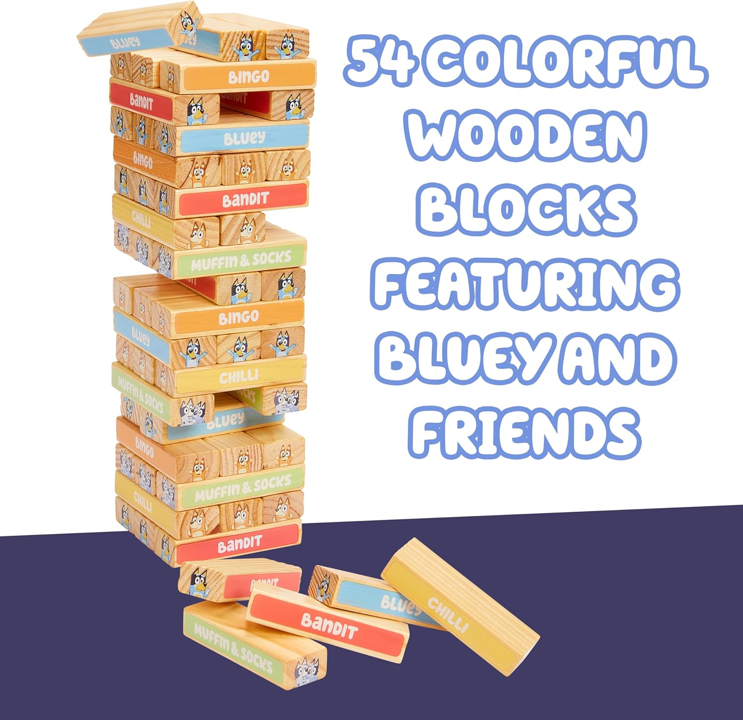 8th Wonder Stackable Tumbling Tower Game, Robust Wooden Stacking Game with 54 Illustrated Colored Blocks, Fun Balancing Toy for Kids Ages 3+
