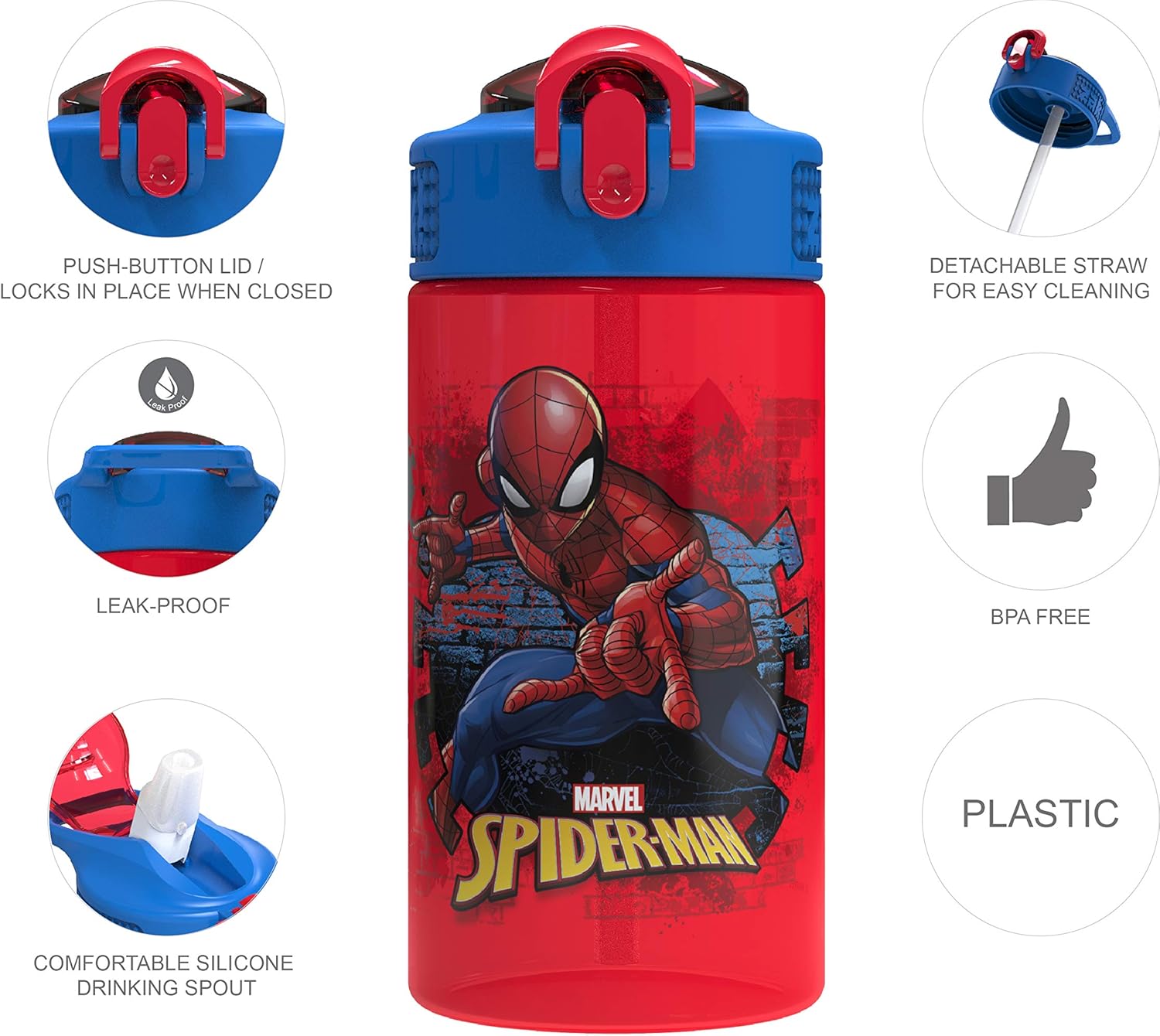 Marvel SpiderMan Kids Spout Cover and Built-in Carrying Loop Made of Plastic, Leak-Proof Water Bottle Design (16 oz, BPA-Free)