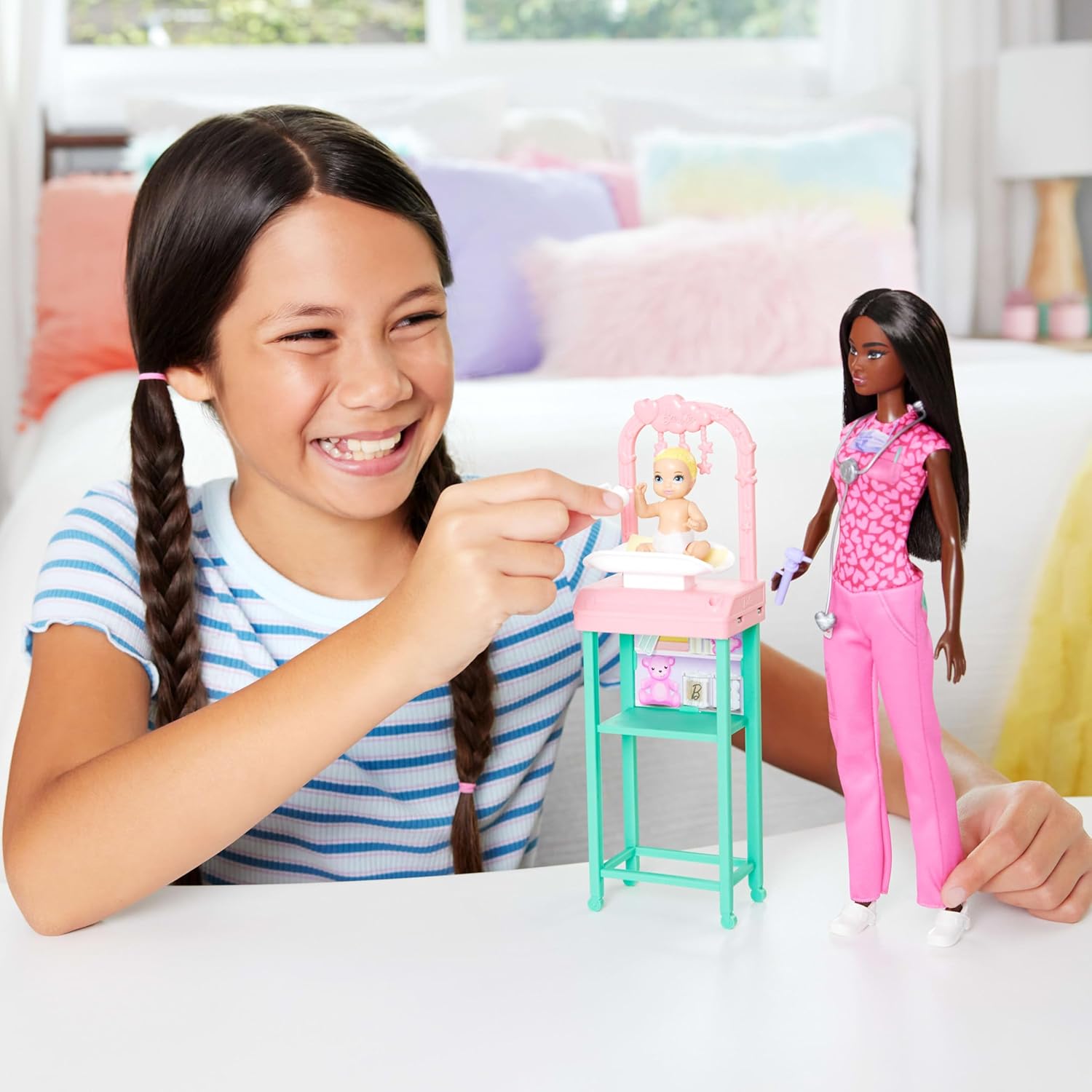 Baby Doctor Playset with Brunette Fashion Doll Wearing Pink Scrubs, Baby Doll, Furniture & Accessories