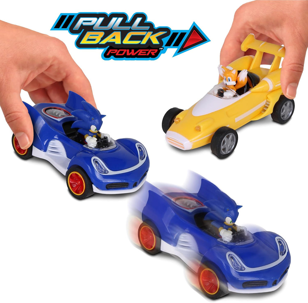 Transformed All-Stars Racing 2 Pack Pull Back Action: Tails and Sonic Hedgehog, Two Vehicles, Video Game Legends, No Batteries Required, Pull Back – Release - and Watch it go