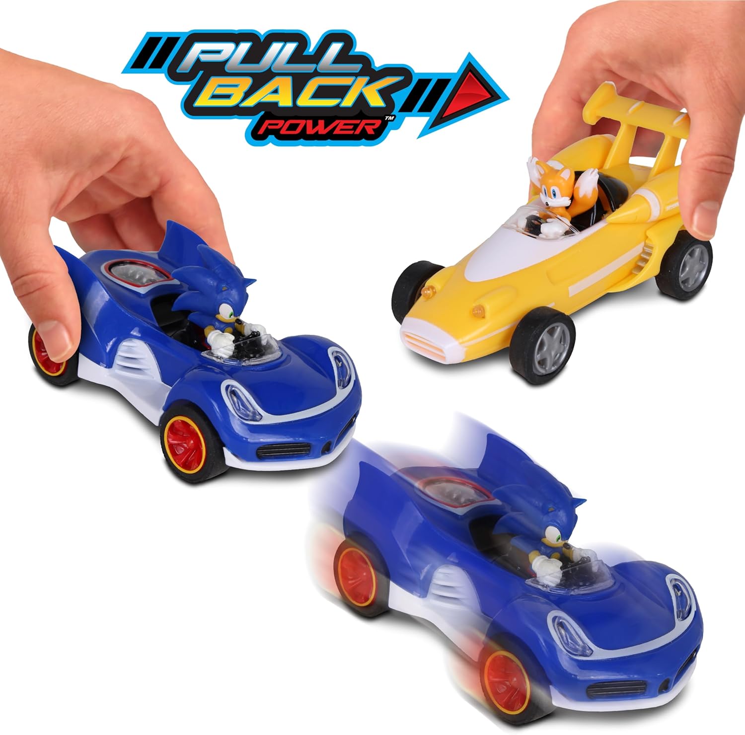 Transformed All-Stars Racing 2 Pack Pull Back Action: Tails and Sonic Hedgehog, Two Vehicles, Video Game Legends, No Batteries Required, Pull Back – Release - and Watch it go