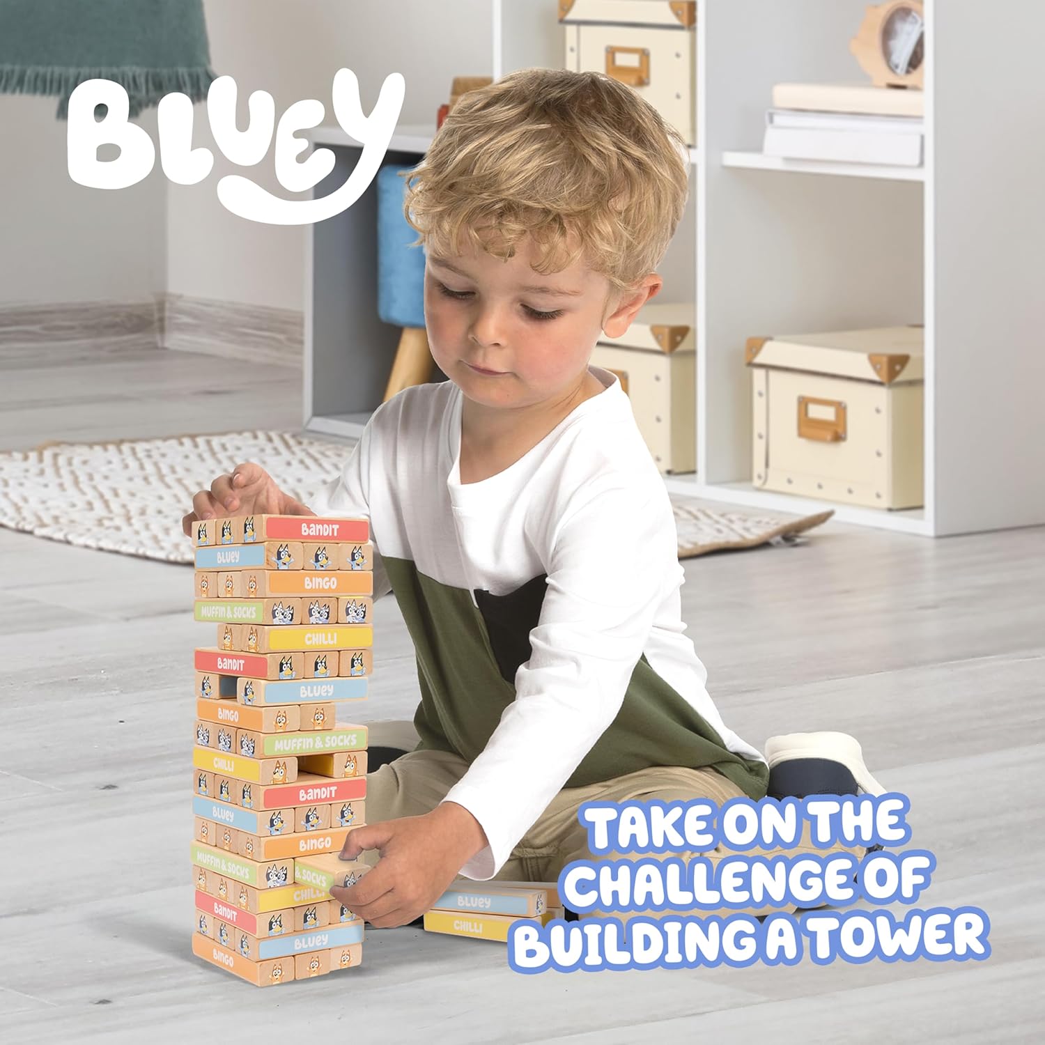 8th Wonder Stackable Tumbling Tower Game, Robust Wooden Stacking Game with 54 Illustrated Colored Blocks, Fun Balancing Toy for Kids Ages 3+