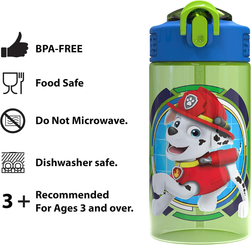 Designs Paw Patrol Kids Spout Cover and Built-in Carrying Loop Made of Plastic, Leak-Proof Water Bottle Design (Rocky, Rubble & Chase, 16 oz, BPA-Free)