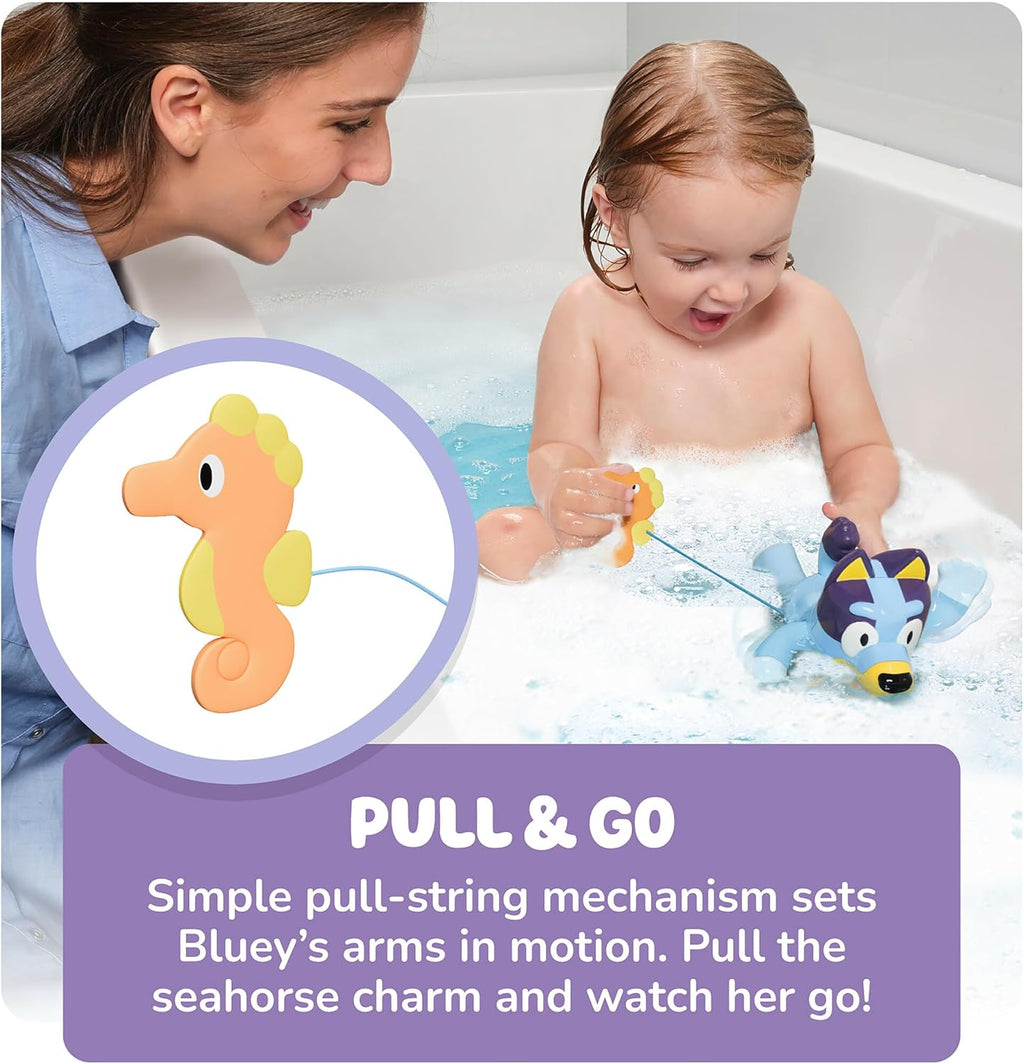 Toomies Swimming Bluey Bath Toy with Seahorse - Bluey Toys for Toddlers - Toddler Water Toys for Tub or Pool That Swims on Back or Front - Ages 18 Months and Up