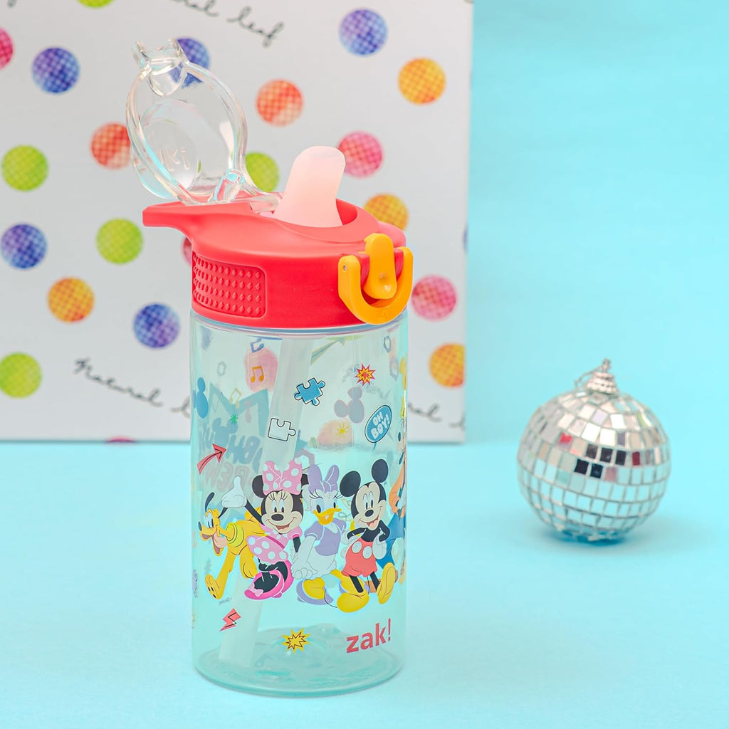 Disney Mickey Mouse Sage Kids Water Bottle For School or Travel, 16oz Durable Plastic Water Bottle With Straw, Handle, and Leak-Proof, Pop-Up Spout Cover