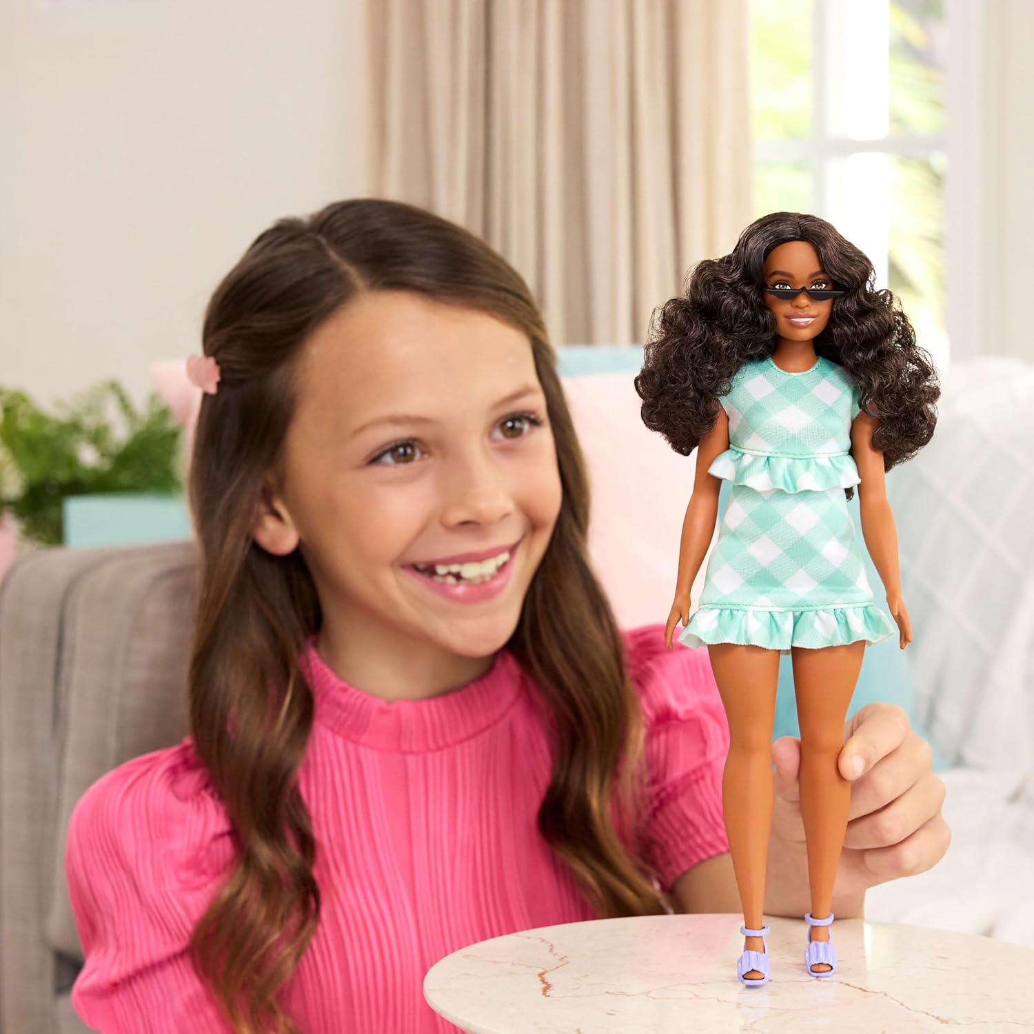 Fashionistas Doll #240 with Wavy Dark Brown Hair Wearing Minty Green Ruffled Gingham Dress, Sunglasses and Lavender Heels Accessories