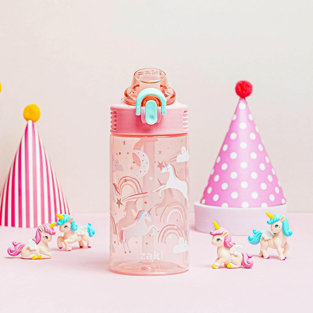Water Bottle For School or Travel, 16oz Durable Plastic Water Bottle With Straw, Handle, and Leak-Proof, Pop-Up Spout Cover (Fanciful Unicorn)