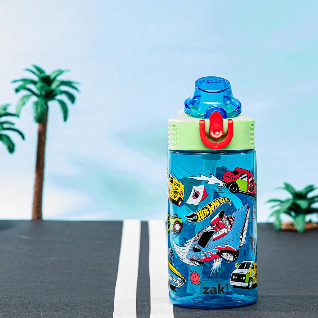 Mattel Hot Wheels Sage Kids Water Bottle For School or Travel, 16oz Durable Plastic Water Bottle With Straw, Handle, and Leak-Proof, Pop-Up Spout Cover (Hot Wheels)