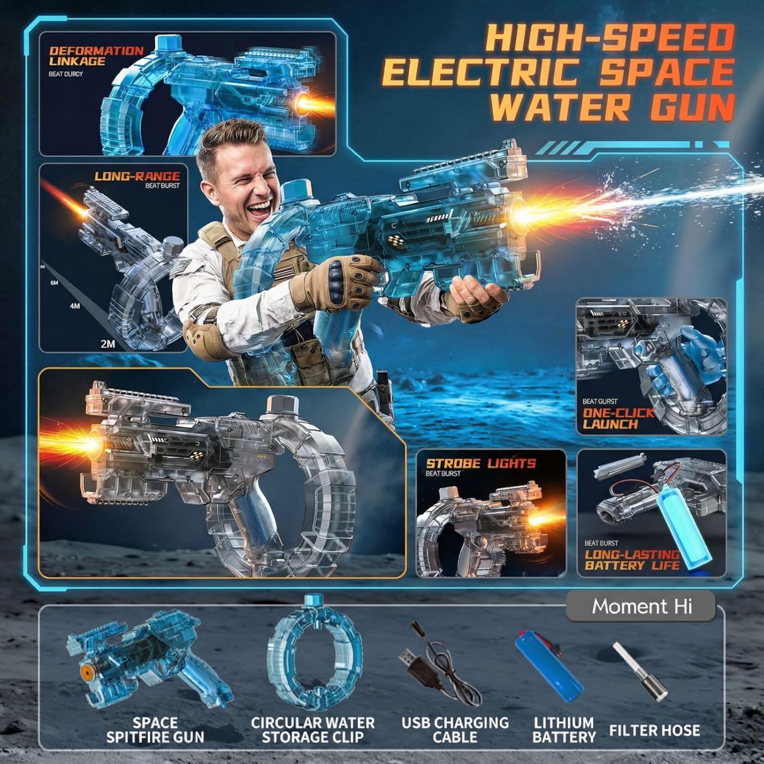 Mechanical Transforming Electric Water 𝙂𝙪𝙣 for Kids Adults,Electric water 𝙗laster with Strobe Lights,Long Range & Mechanical Deformation, Outdoor Water Game Gift Boys Girls (Blue)