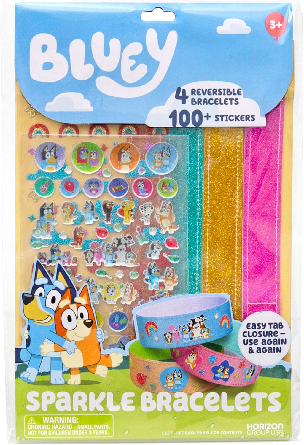 Sparkle Bracelet Making Kit, 4 Reversible Bracelets with Easy Closure, 100+ Traditional and Puffy Resin Stickers, DIY Bluey Jewelry, Arts and Crafts for Kids Age 8-12, Toddler Gifts