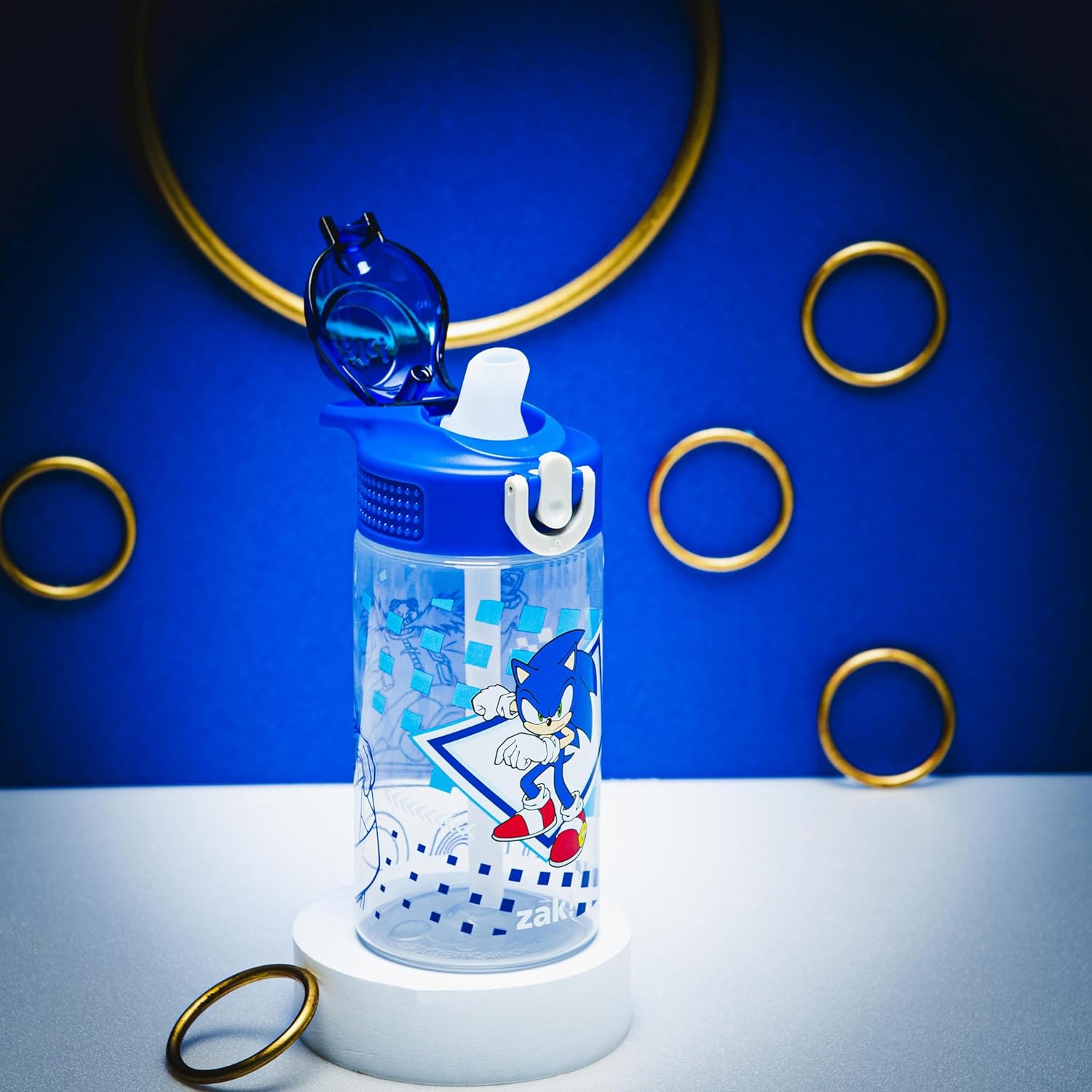 Sonic the Hedgehog Sage Water Bottle For School or Travel, 16oz Durable Plastic Water Bottle With Straw, Handle, and Leak-Proof, Pop-Up Spout Cover (Sonic, Eggman)
