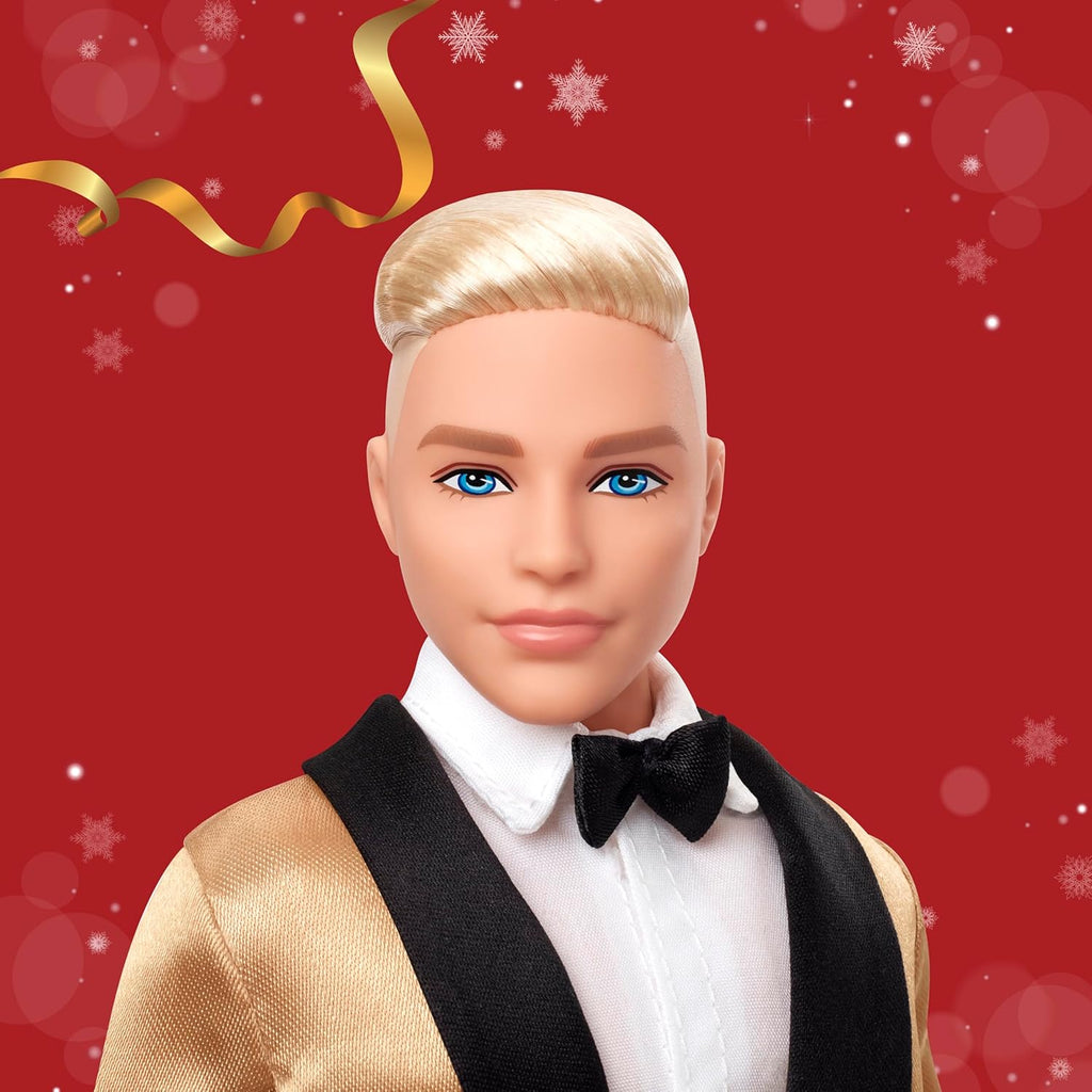 ignature 2025 Holiday Blonde Ken Collectible Fashion Doll Wearing Full Suit with Golden Jacket in Displayable Packaging & Doll Stand