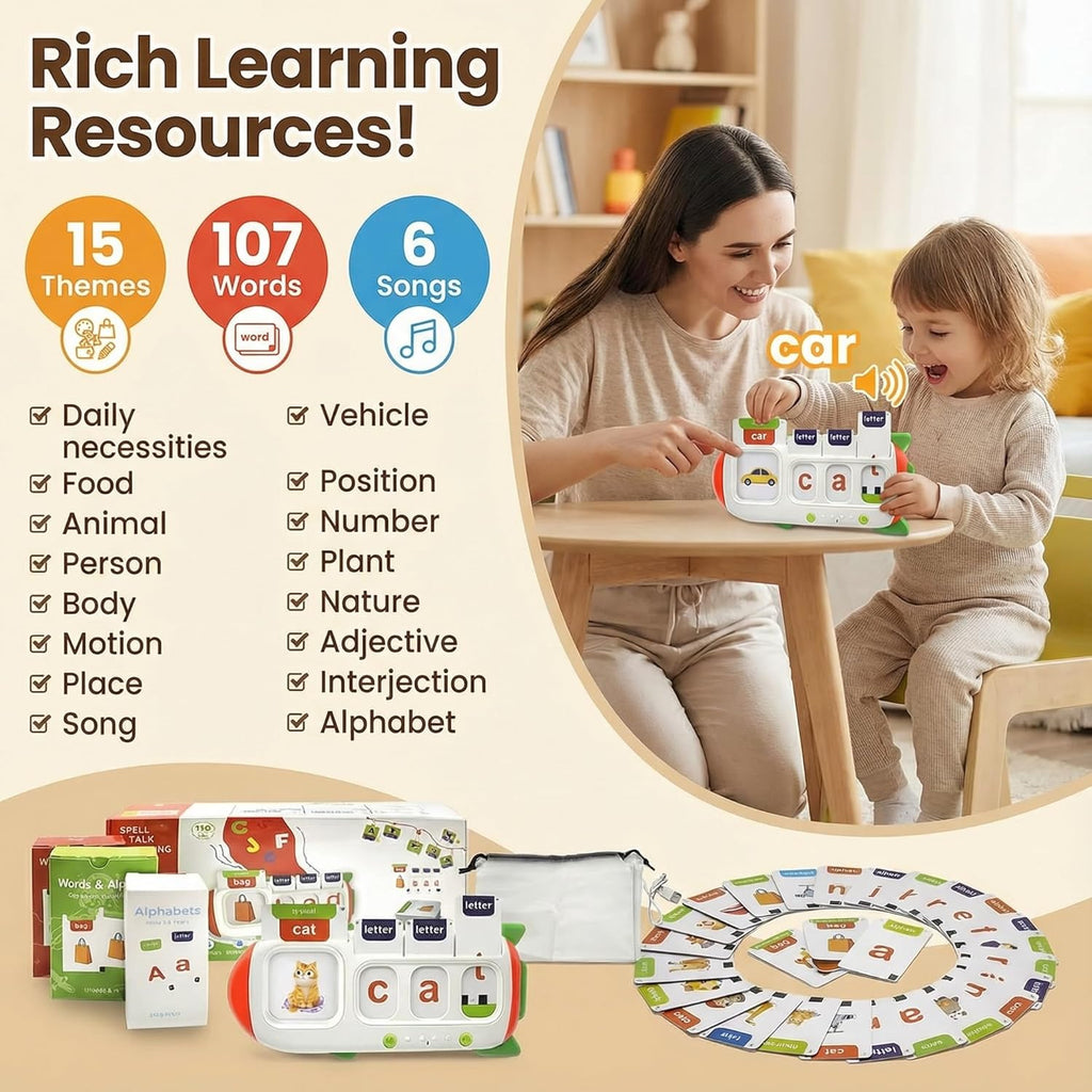 Talking Flash Cards for Toddlers,Montessori Toys for Autism,107 Sight Words,Alphabet CVC Learning Toy,Speak and Spell Phonics Games for Kindergarten,Educational Birthday Gift for Kids 2-8