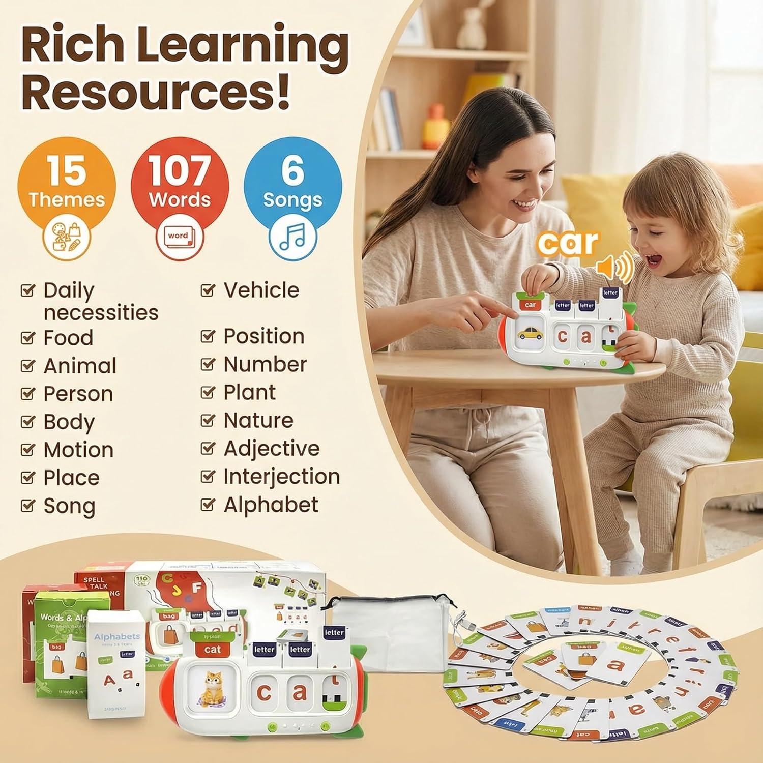 Talking Flash Cards for Toddlers,Montessori Toys for Autism,107 Sight Words,Alphabet CVC Learning Toy,Speak and Spell Phonics Games for Kindergarten,Educational Birthday Gift for Kids 2-8