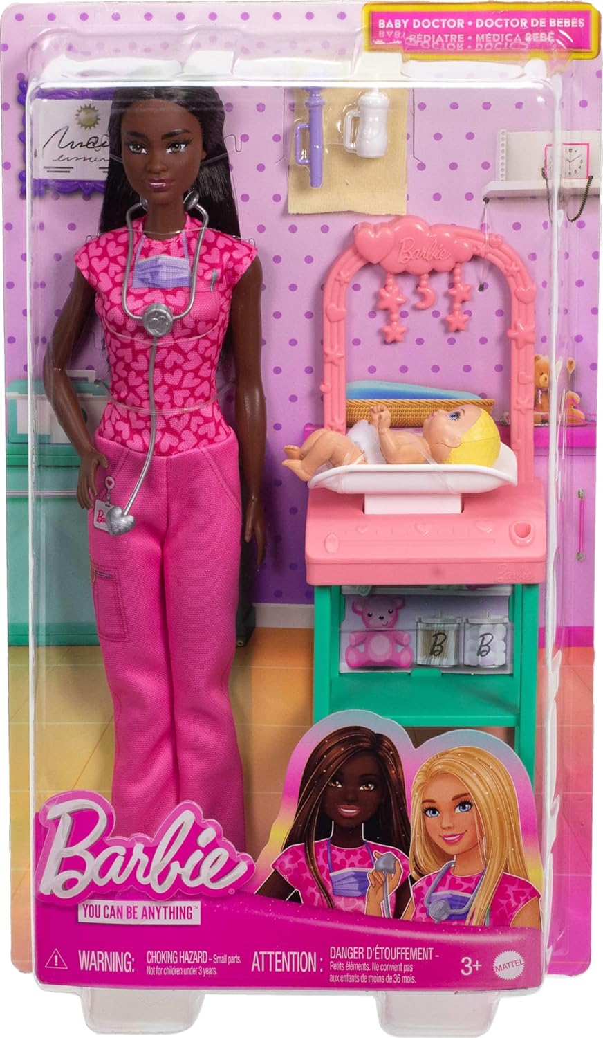 Baby Doctor Playset with Brunette Fashion Doll Wearing Pink Scrubs, Baby Doll, Furniture & Accessories
