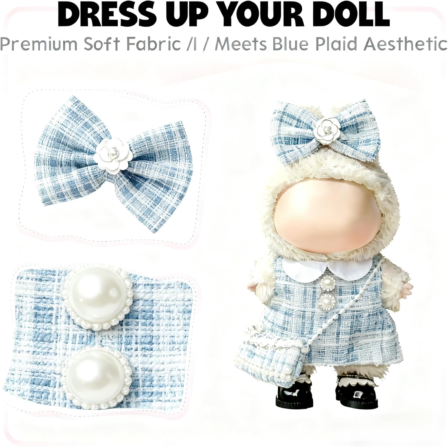 Clothes for LABUBU 17cm Doll (NO Doll)（NO Shoes, Outfit for LABUBU, Dress + Hairpin + Mini Bag Set for LABUBU Dress Up, Fashion and Premium Dolls Accessories for LABUBU